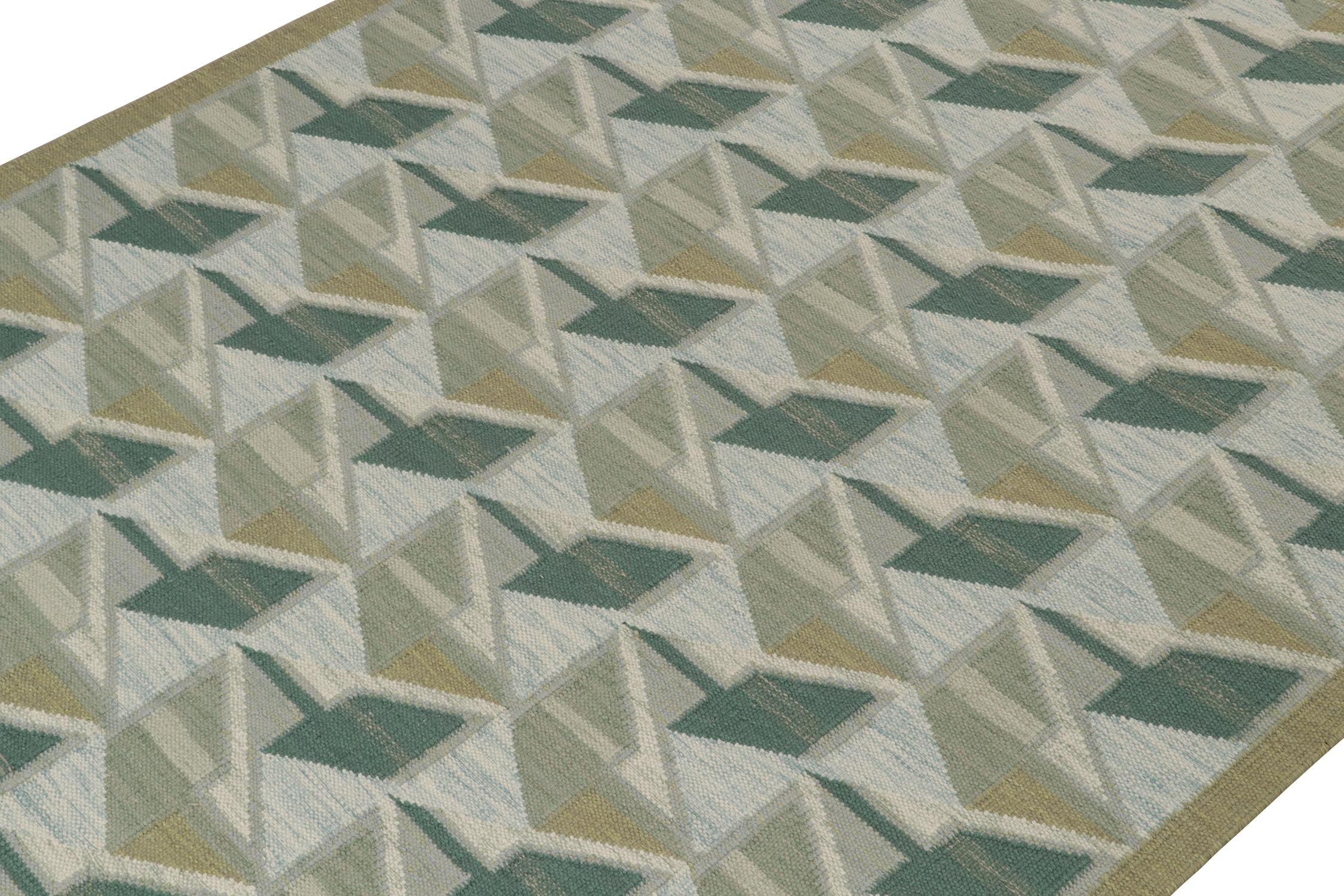 Indien Rug & Kilim's Scandinavian Style Kilim in Gray, Beige and Blue Geometric Pattern (Kilim de style scandinave à motif géométrique gris, beige et bleu) en vente