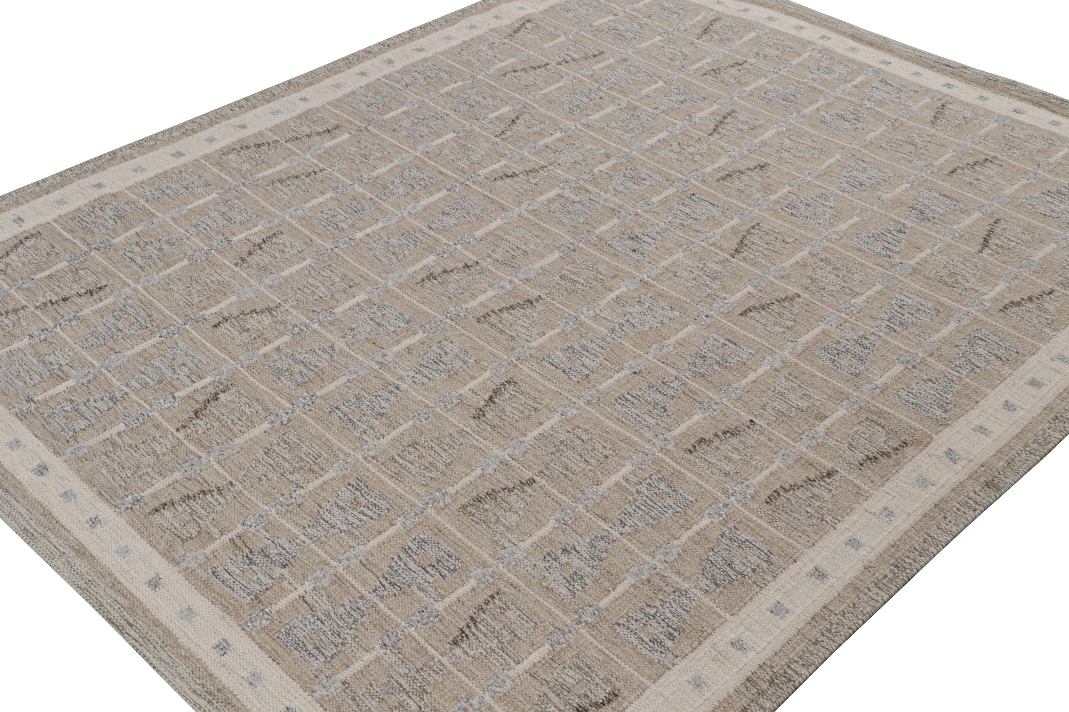 A smart 8x10 Swedish style kilim from our award-winning Scandinavian flat weave collection. Handwoven in wool & undyed natural yarns.

On the Design: 

This rug enjoys geometric patterns in gray & beige with white accents. Keen eyes will admire