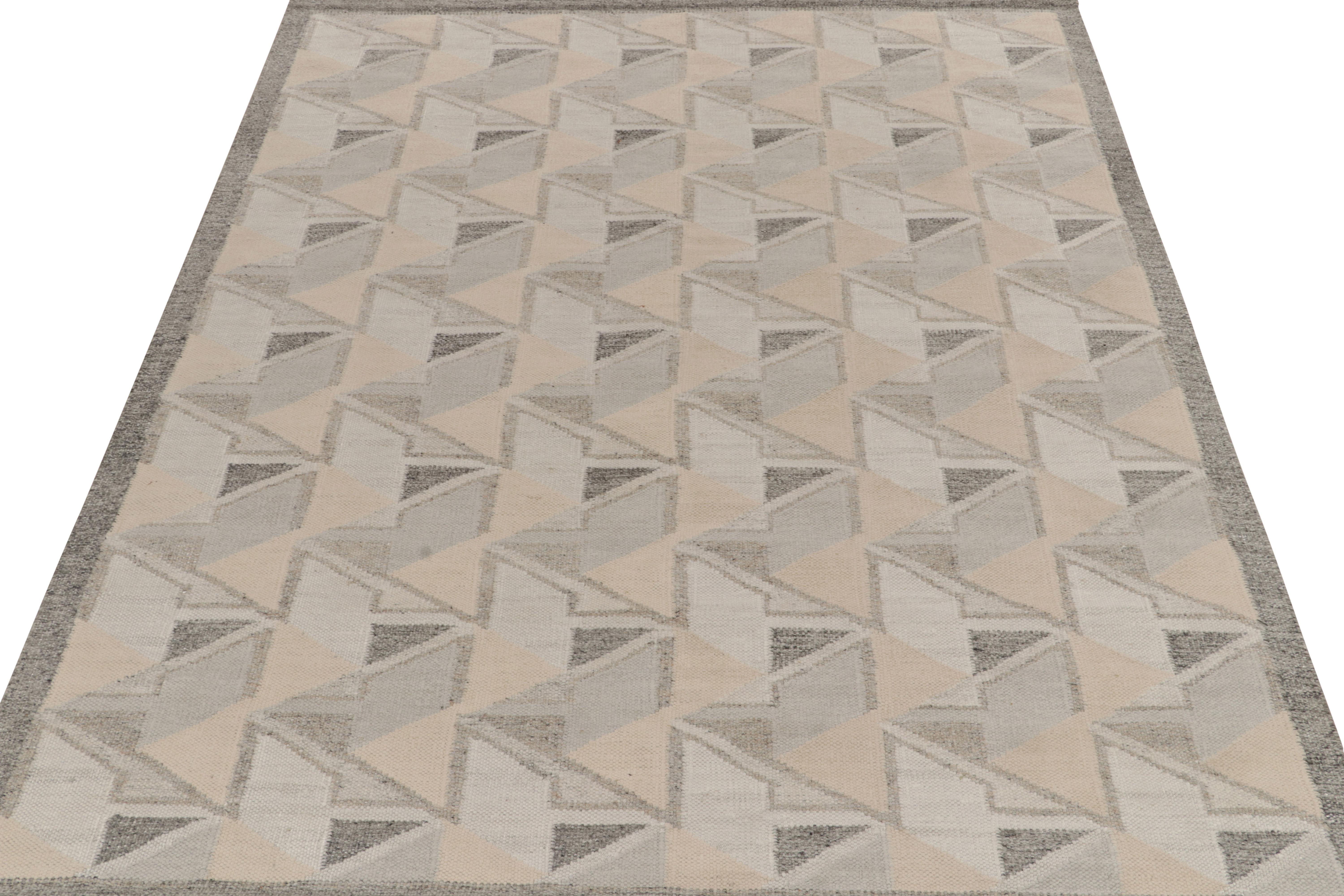 Teppich & Kilims Skandinavischer Kelim im Stil in Grau, Weiß & Blau mit geometrischen Mustern (Skandinavische Moderne) im Angebot