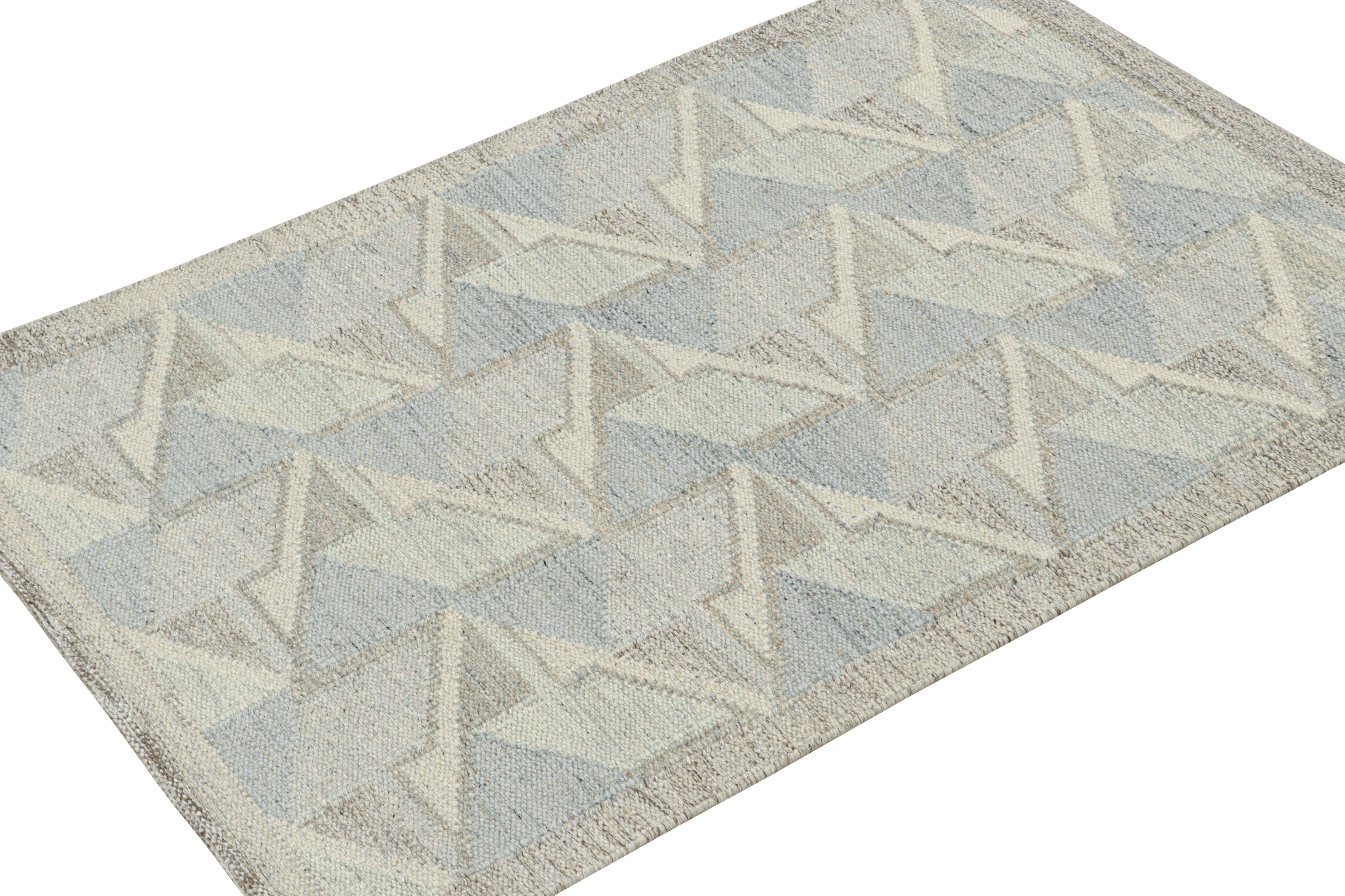 Modern Rug & Kilim’s Scandinavian Style Kilim in Gray, White, & Blue Geometric Patterns For Sale