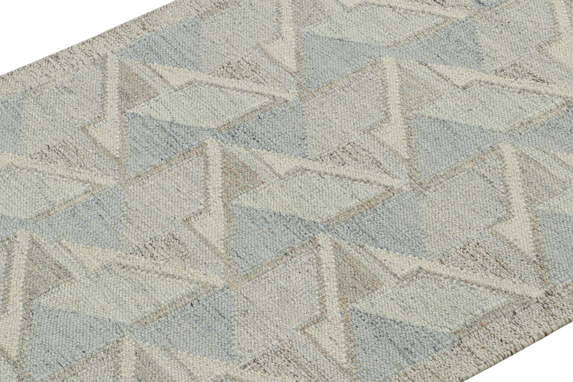 Indian Rug & Kilim’s Scandinavian Style Kilim in Gray, White, & Blue Geometric Patterns For Sale