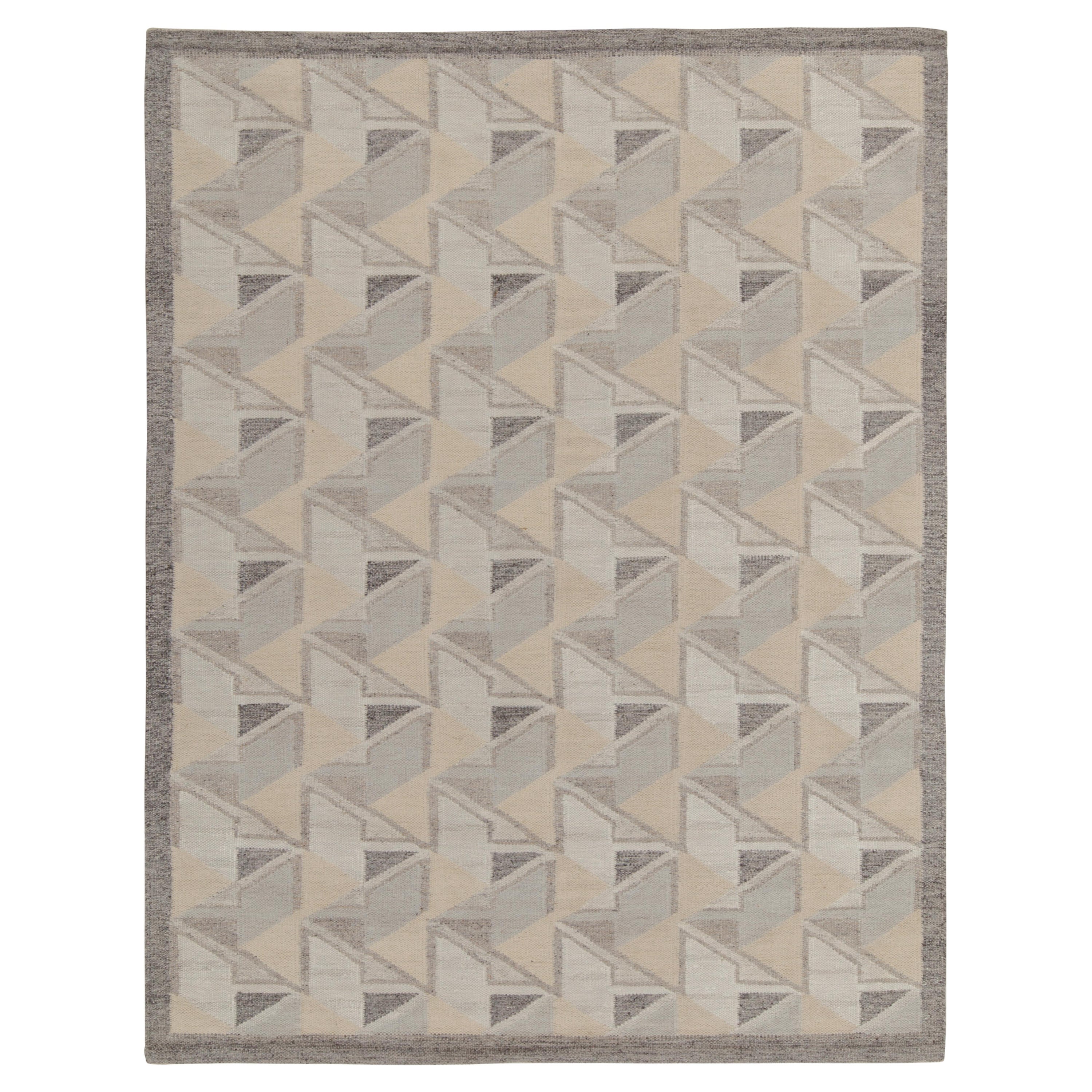 Rug & Kilim’s Scandinavian Style Kilim in Gray, White & Blue Geometric Patterns