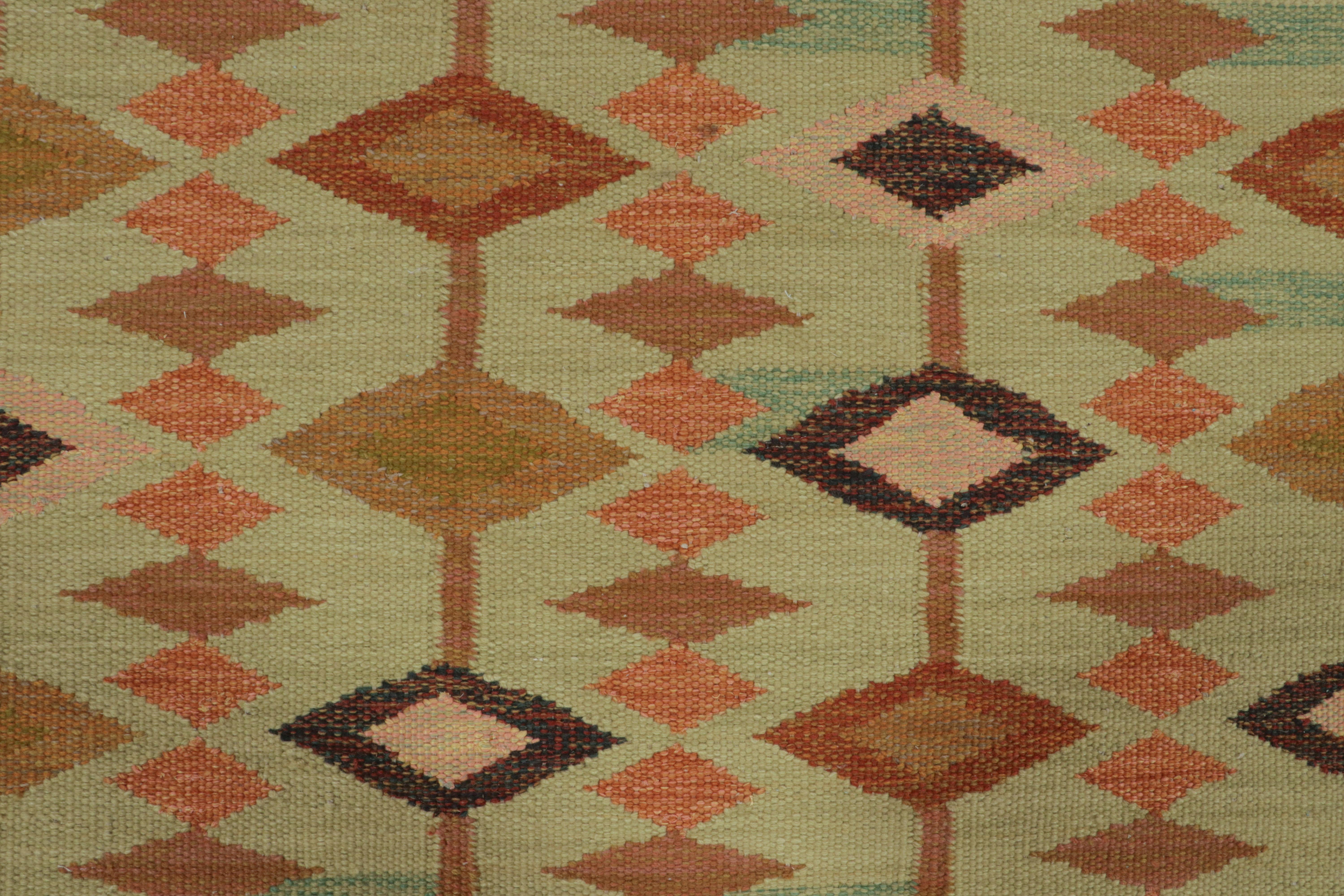 Indian Rug & Kilim’s Scandinavian Style Kilim in Green & Beige-Brown Geometric Pattern For Sale