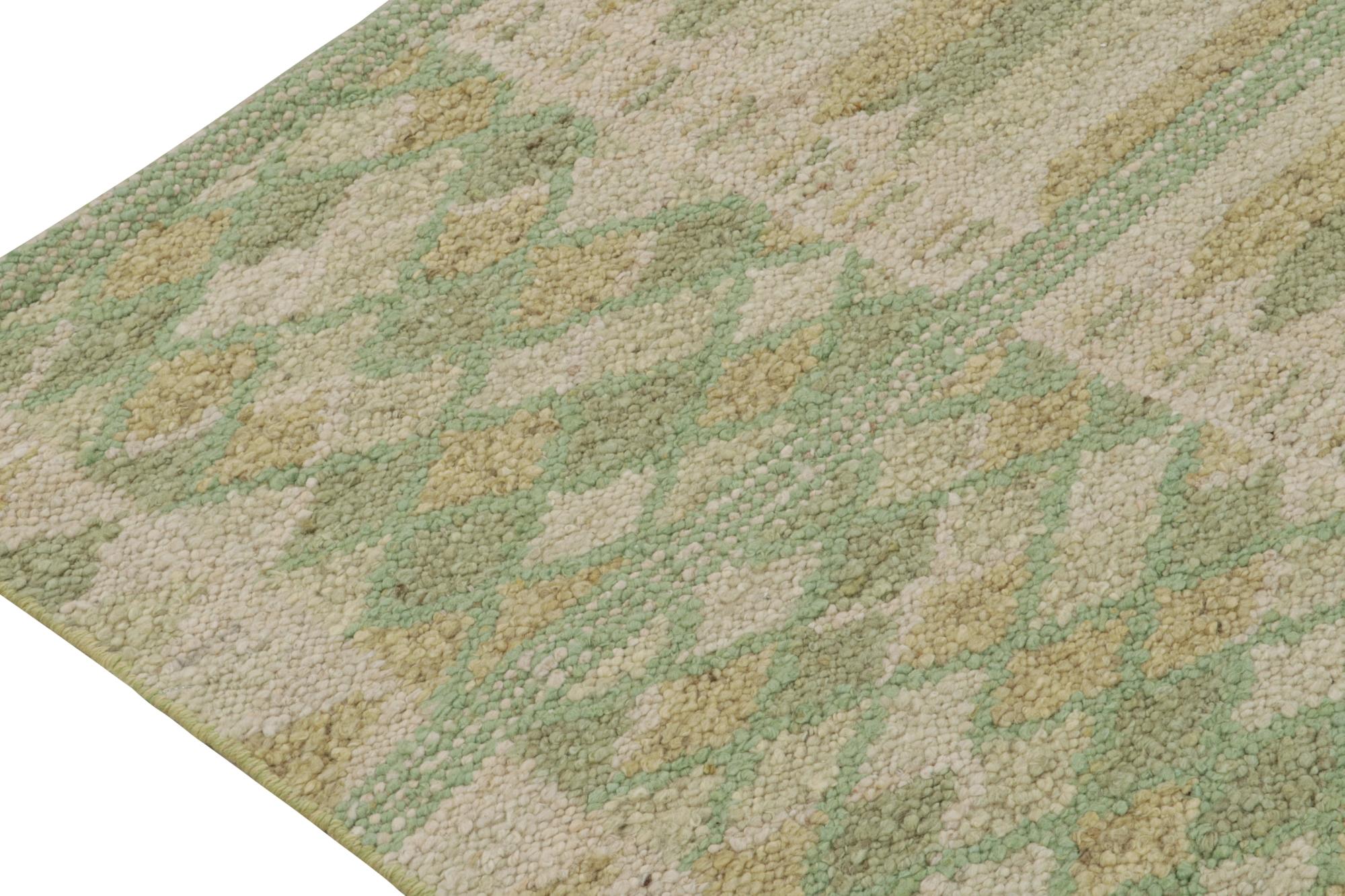 Modern Rug & Kilim’s Scandinavian Style Kilim in Green, Gold & Cream Geometric Patterns For Sale