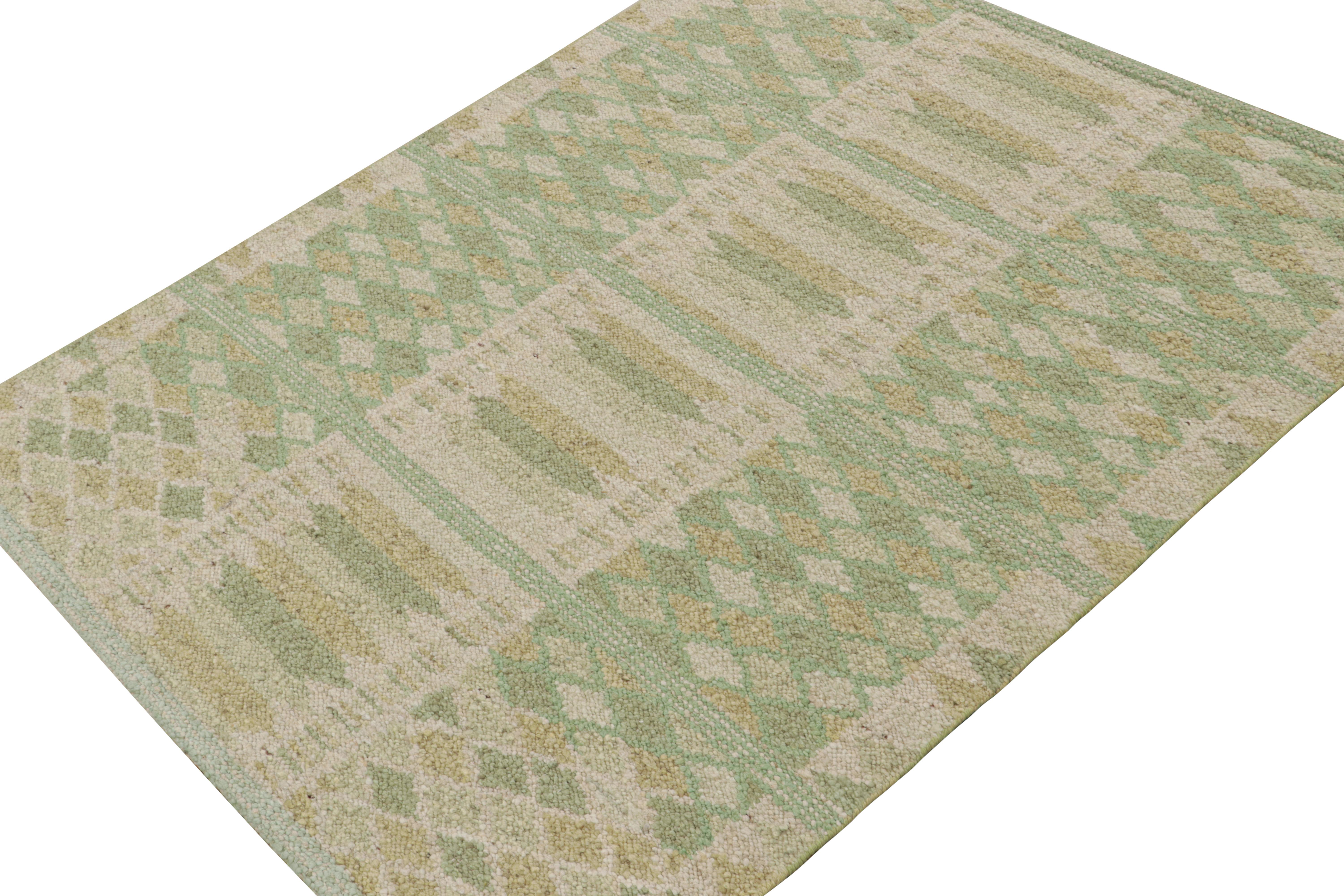 Indian Rug & Kilim’s Scandinavian Style Kilim in Green, Gold & Cream Geometric Patterns For Sale