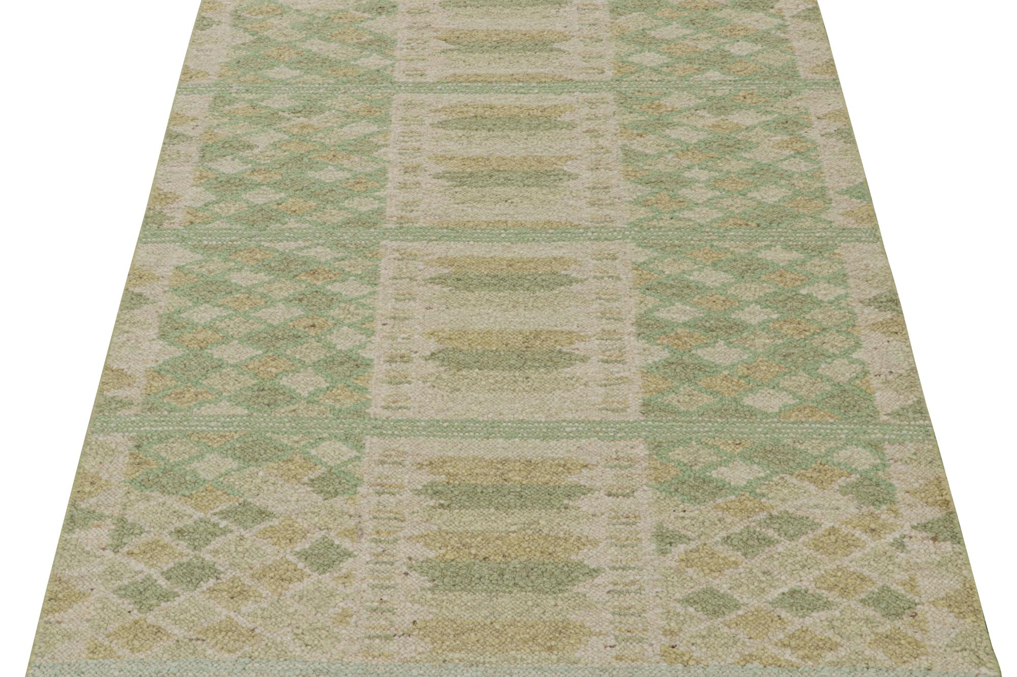 Hand-Knotted Rug & Kilim’s Scandinavian Style Kilim in Green, Gold & Cream Geometric Patterns For Sale