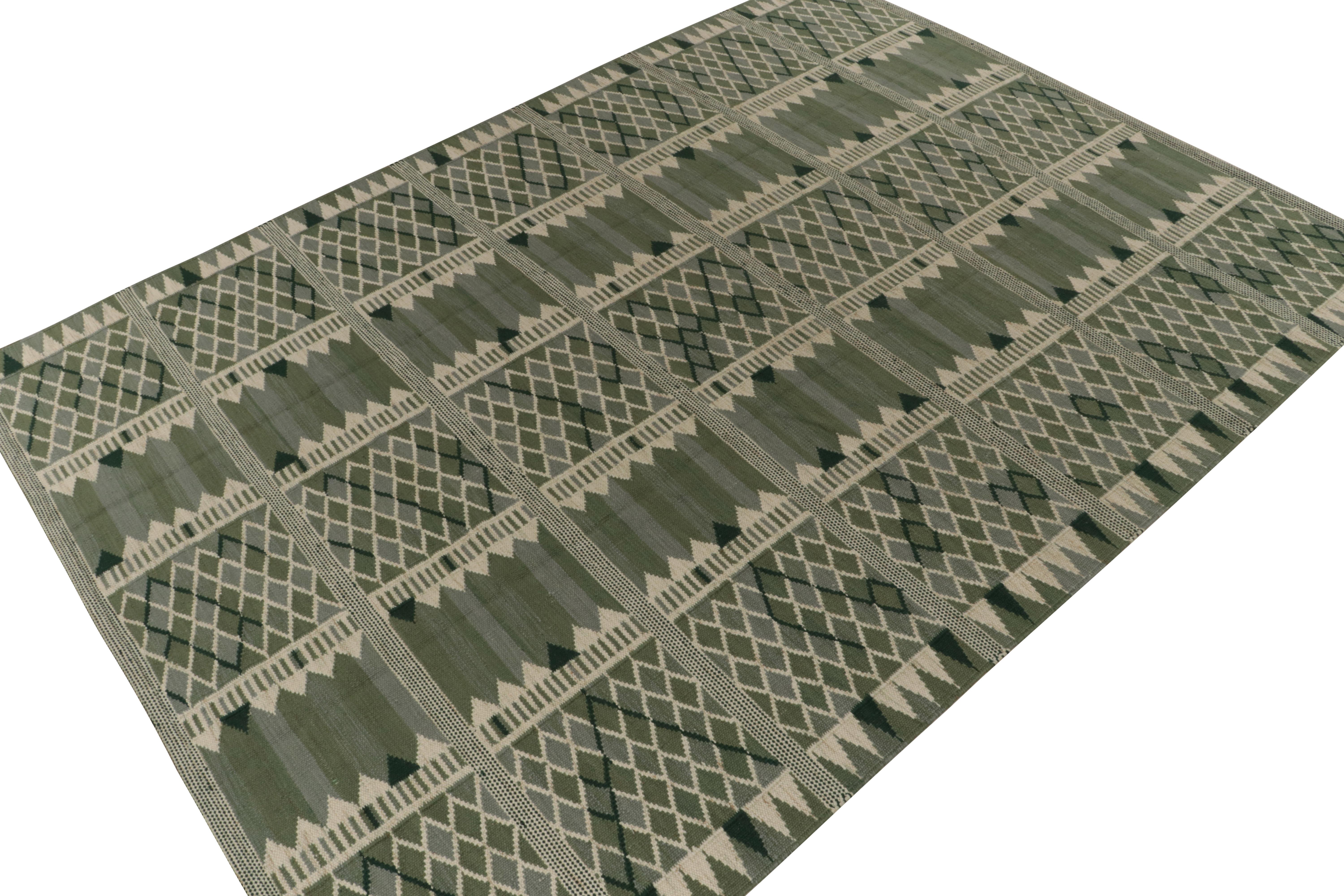 Dieses 10x14 große Flachgewebe ist eine kühne moderne Interpretation des schwedischen Dekos und stammt aus der preisgekrönten skandinavischen Kilim-Kollektion von Rug & Kilim.

Über das Design: Der handgewebte Wollteppich zeichnet sich durch ein