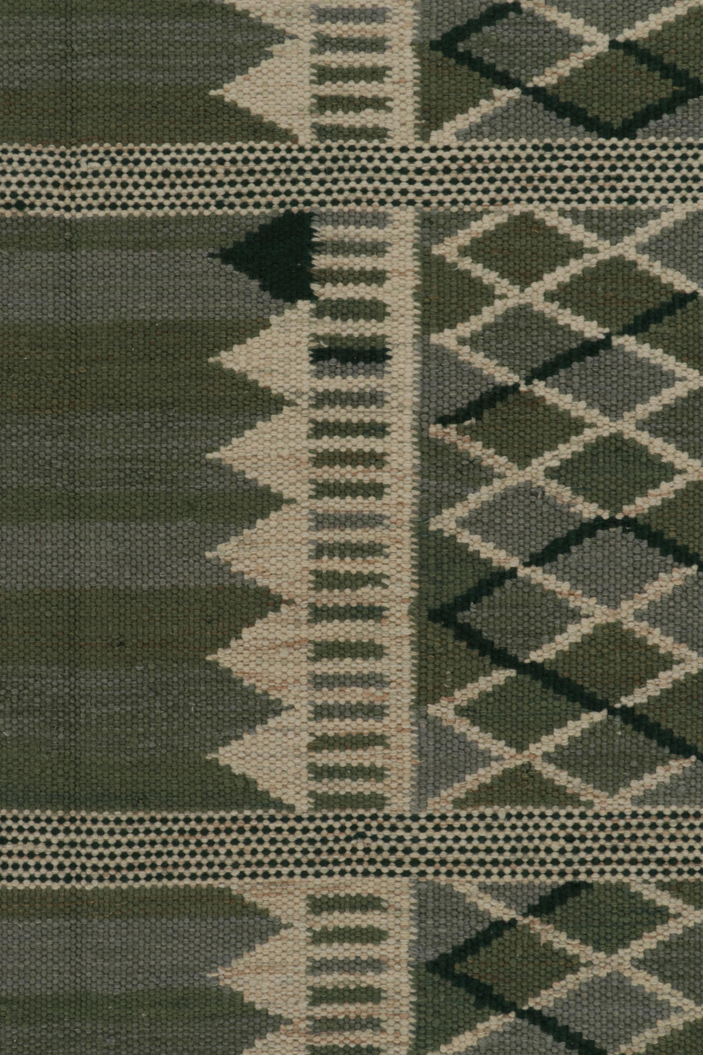 Modern Rug & Kilim’s Scandinavian Style Kilim in Green & White Geometric Pattern For Sale