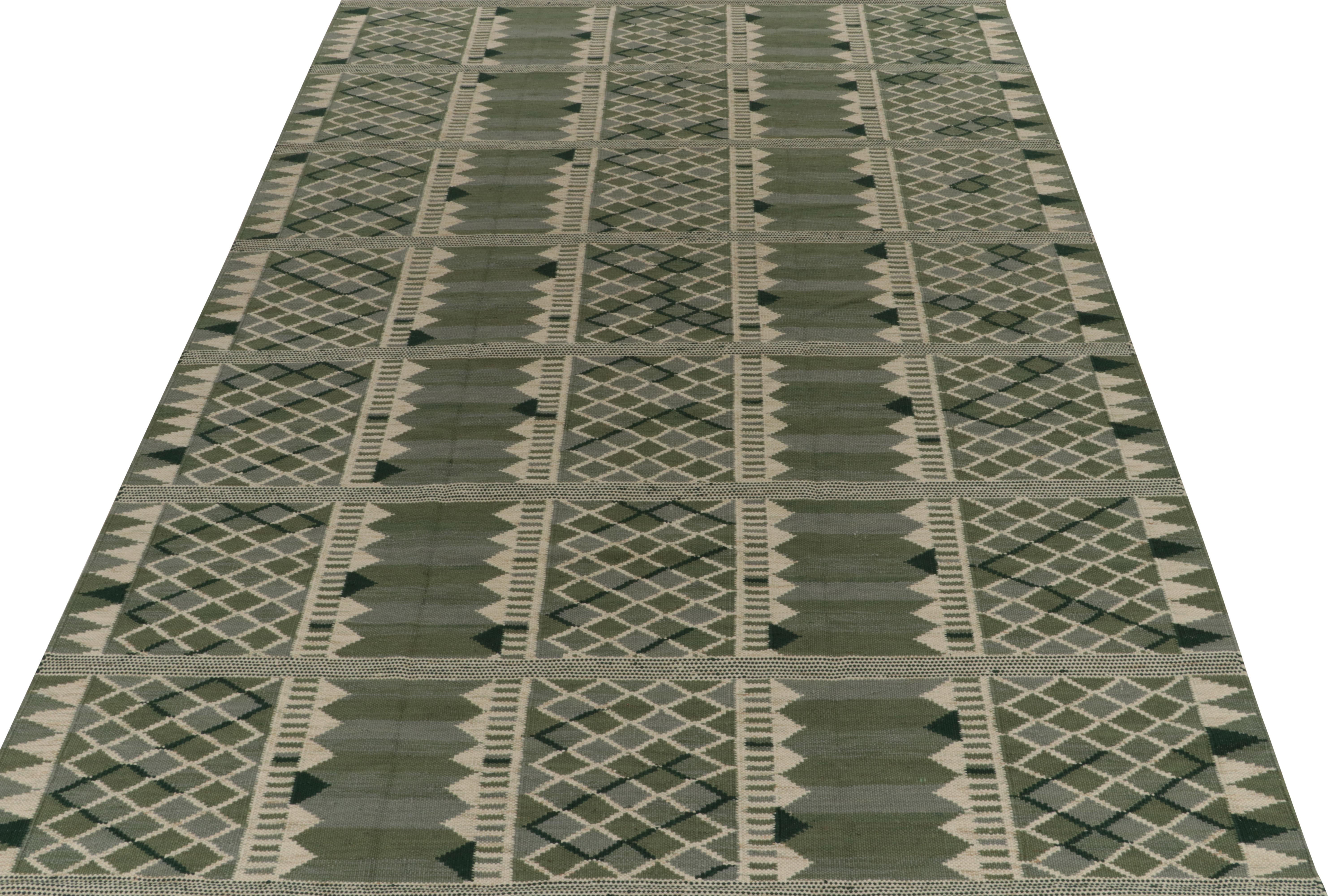 Hand-Knotted Rug & Kilim’s Scandinavian Style Kilim in Green & White Geometric Pattern For Sale