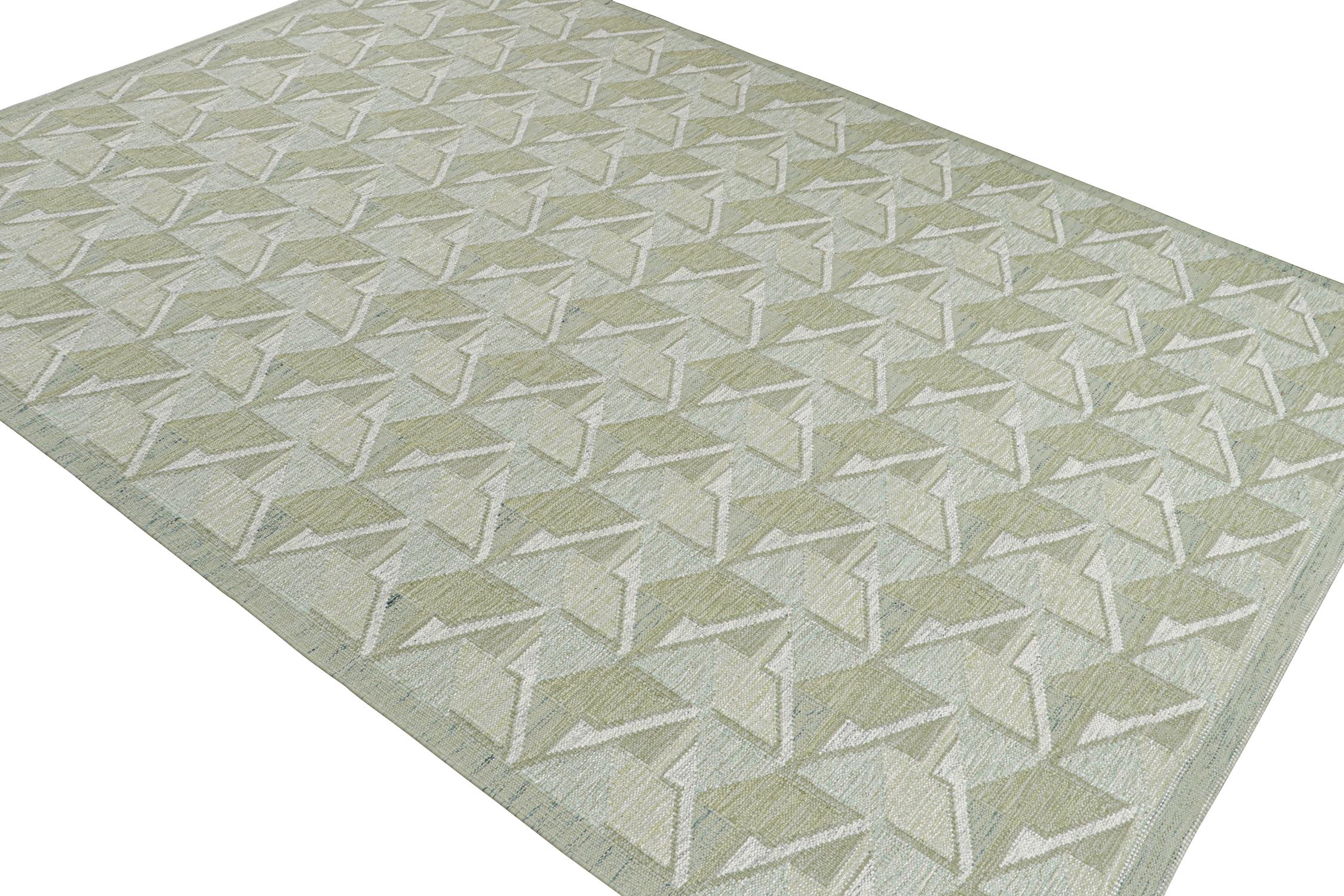 Mid-Century Modern Rug & Kilim’s Scandinavian Style Kilim in Green with Geometric Patterns For Sale