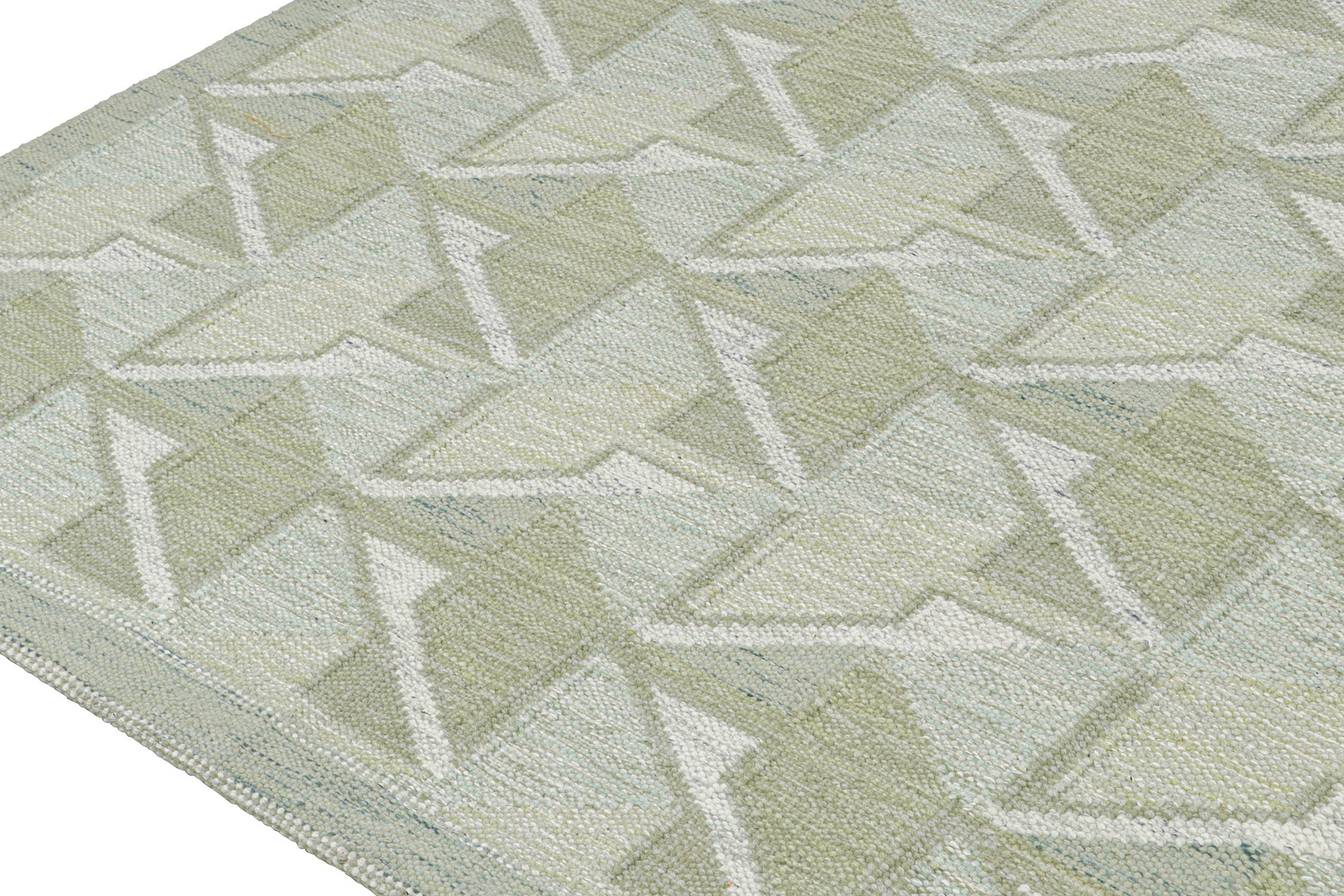 Hand-Knotted Rug & Kilim’s Scandinavian Style Kilim in Green with Geometric Patterns For Sale