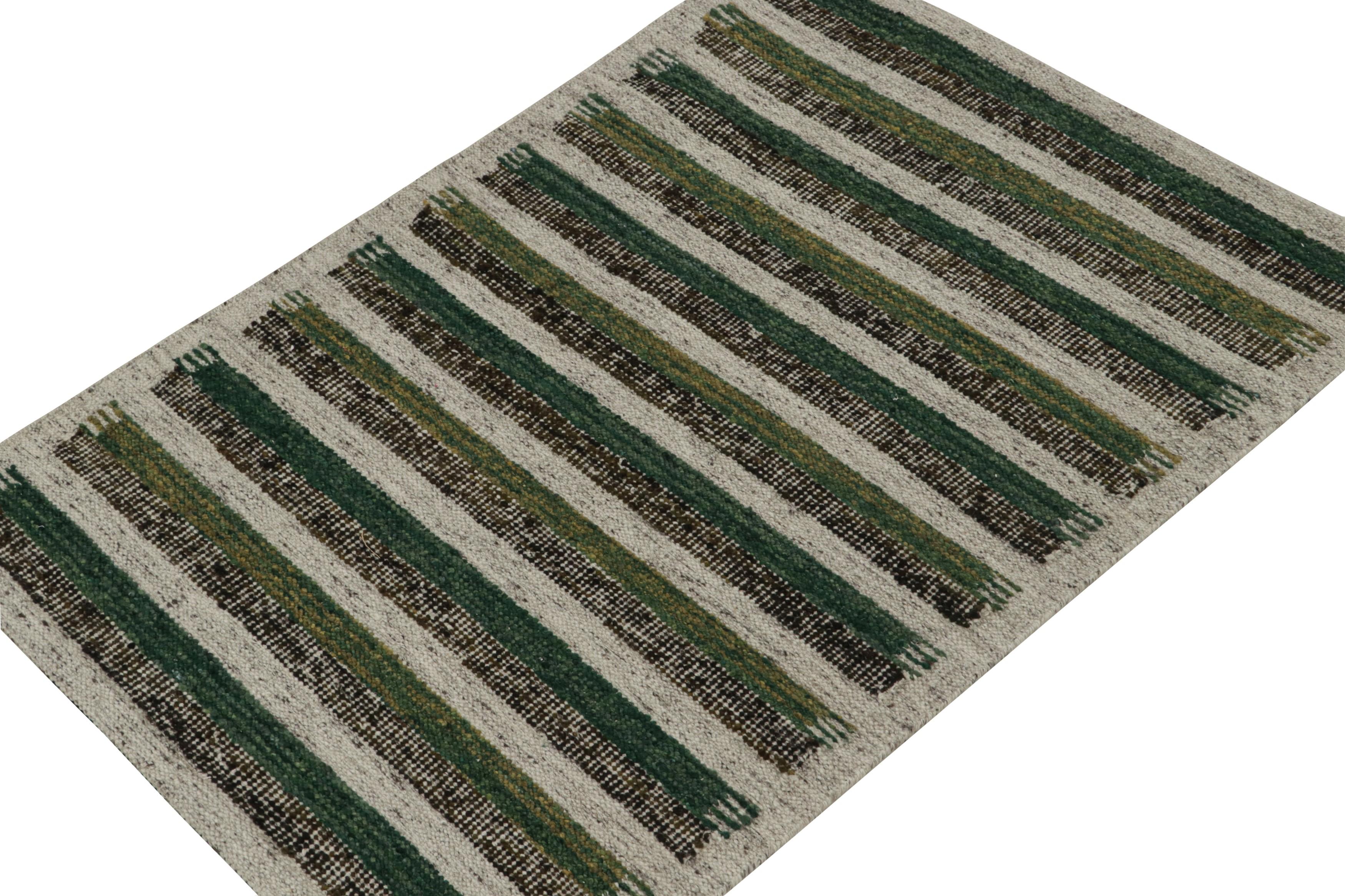 This 5x7 Swedish style kilim is from the inventive “Nu” texture in Rug & Kilim’s award-winning Scandinavian flat weave collection. Handwoven in fine yarn.

Further On the Design: 

This rug enjoys a boucle-like texture of blended yarns, and a look