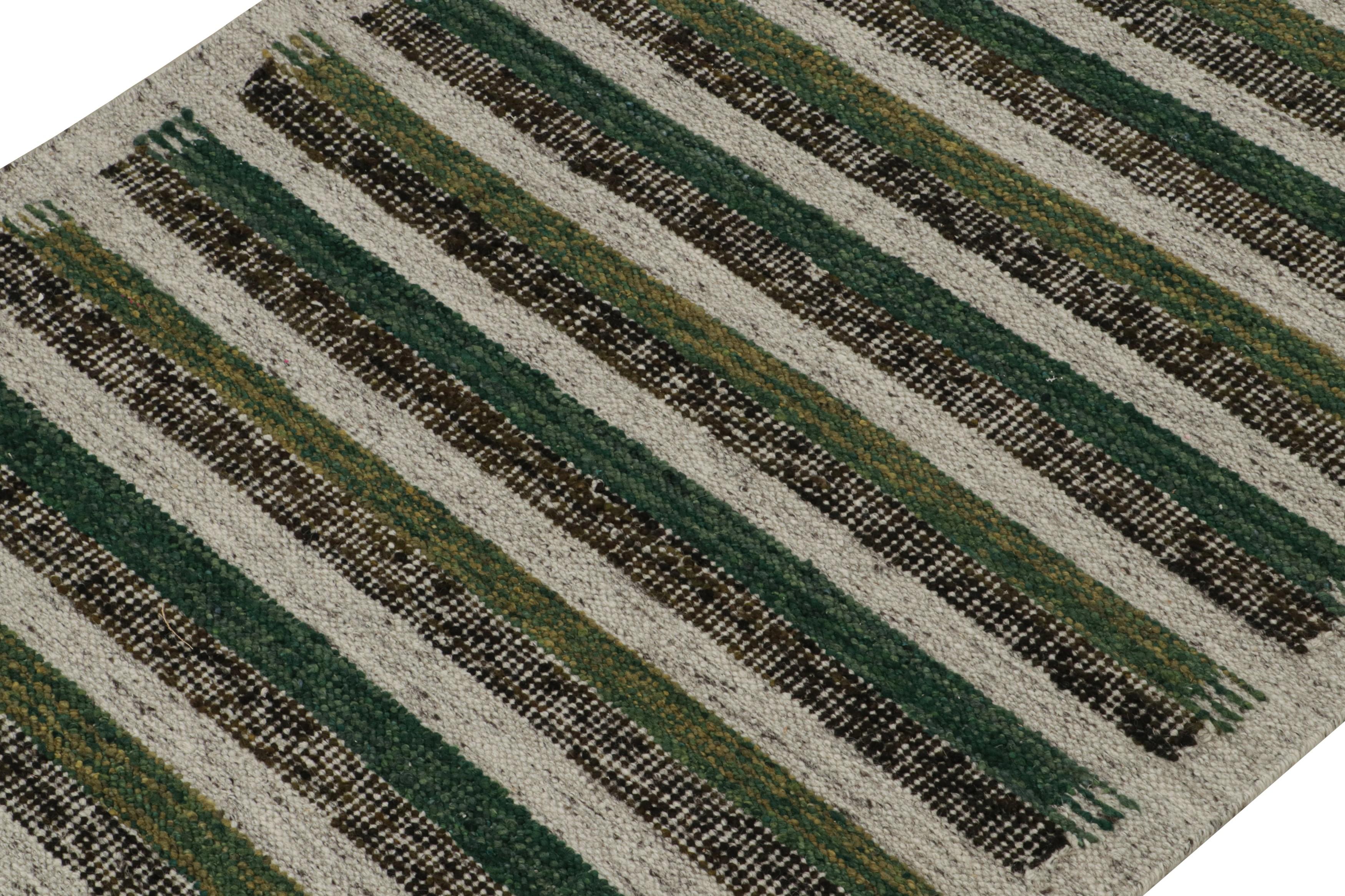 Indian Rug & Kilim’s Scandinavian Style Kilim in Greige & Green Patterns For Sale
