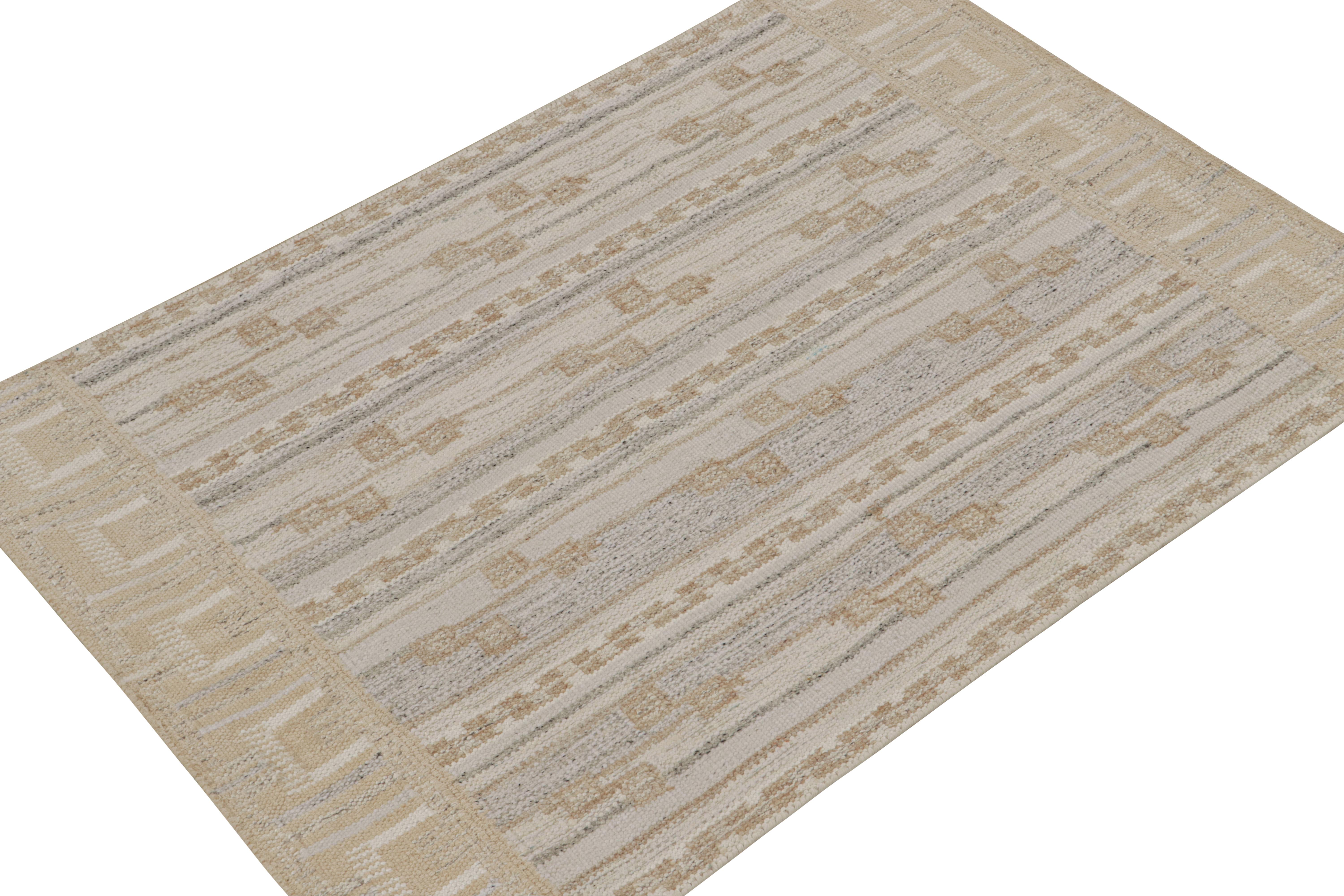 A smart 4x6 Swedish style kilim from our award-winning Scandinavian flat weave collection. Handwoven in wool & undyed natural yarn.

On the Design: 

This rug enjoys geometric patterns in comfortable greige & off white. Keen eyes will admire undyed,