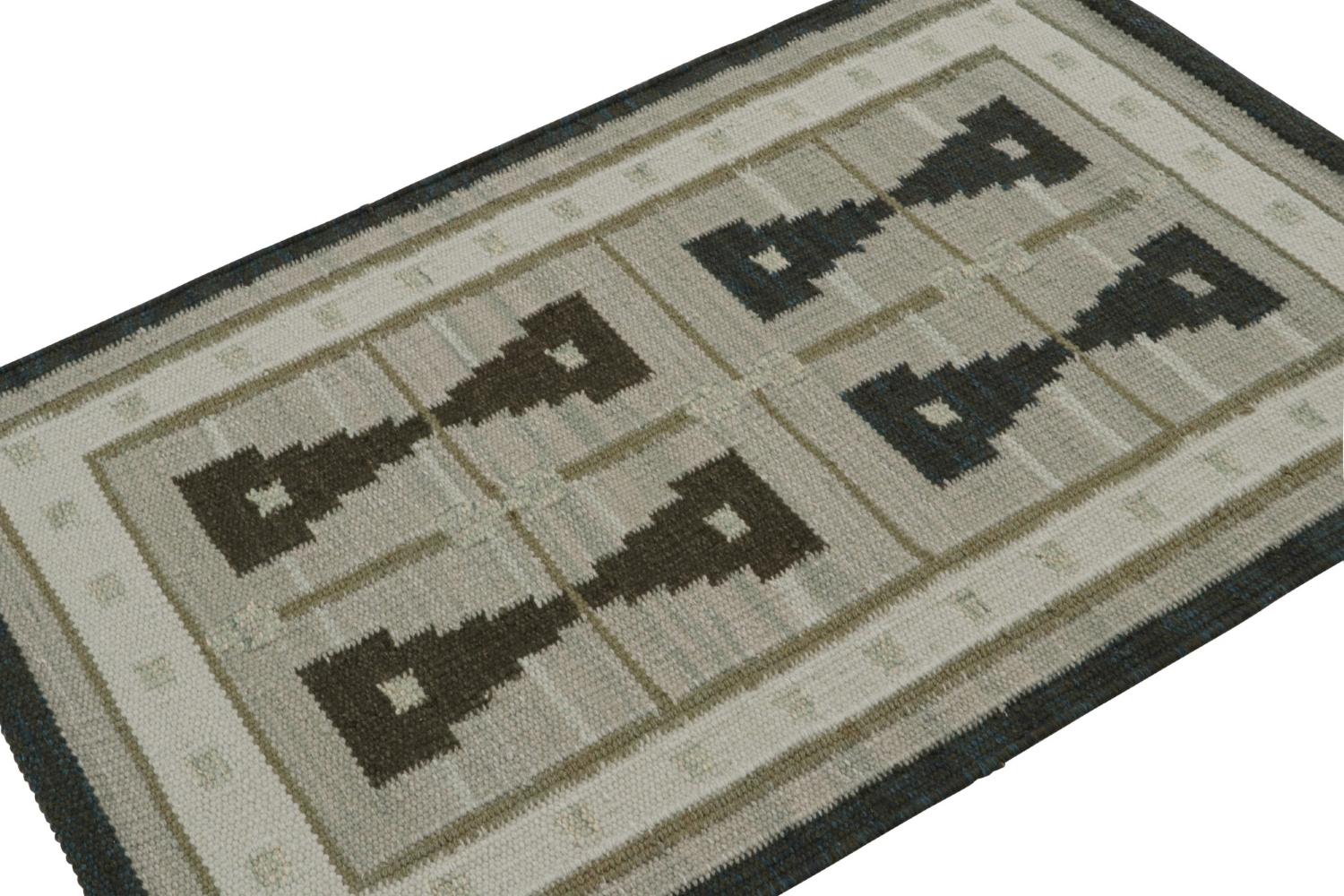 A smart 3x5 Swedish style kilim from our award-winning Scandinavian flat weave collection. Handwoven in wool, cotton & undyed natural yarns.

On the Design: 

This scatter rug enjoys geometric patterns in tones of grey, brown & black. Keen eyes will