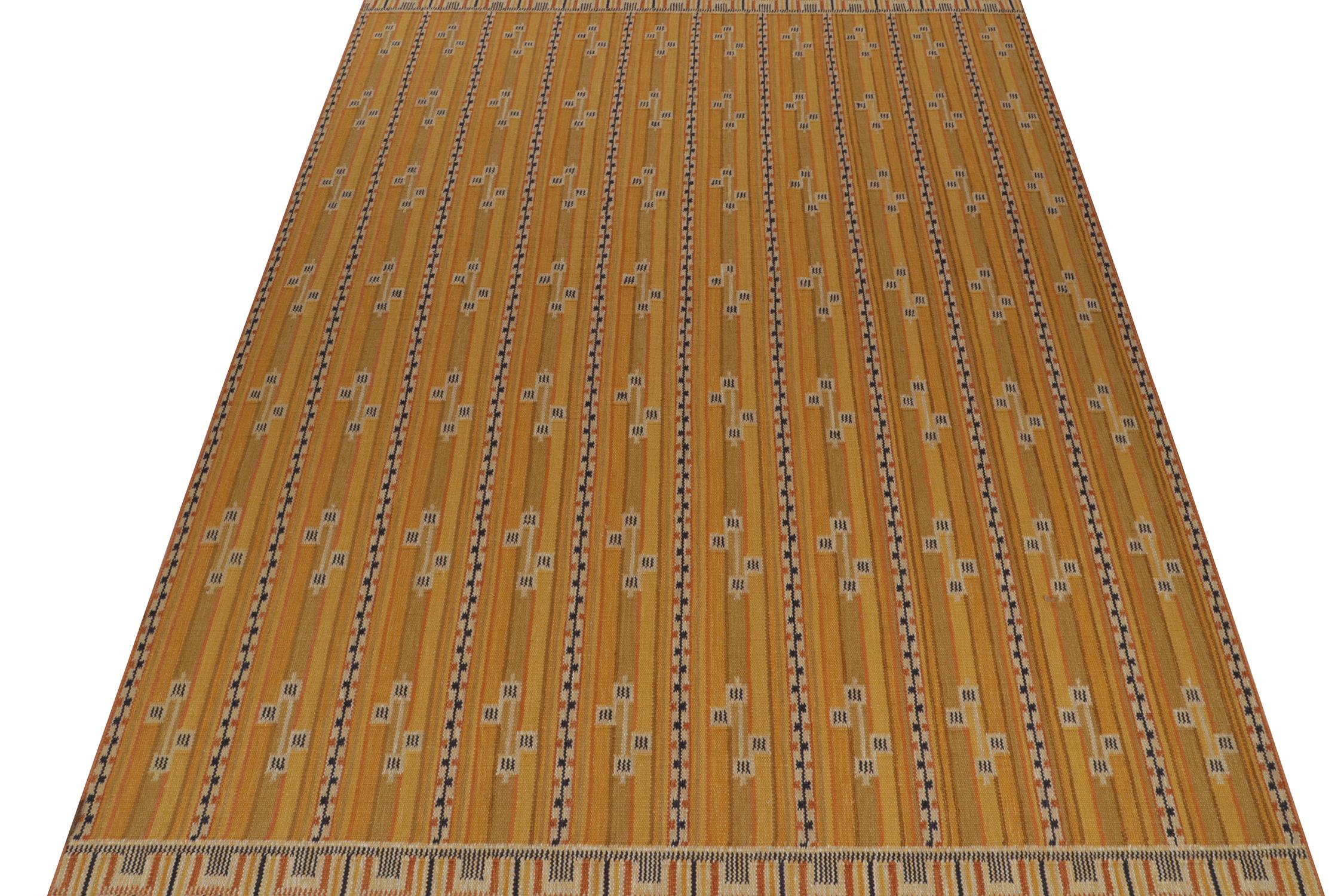 A smart 10x14 Swedish style kilim from our award-winning Scandinavian flat weave collection. Handwoven in wool. 
Further On the Design: 
This rug enjoys a bold tae on stripes and dimensionality, with detailed geometric patterns in black and beige