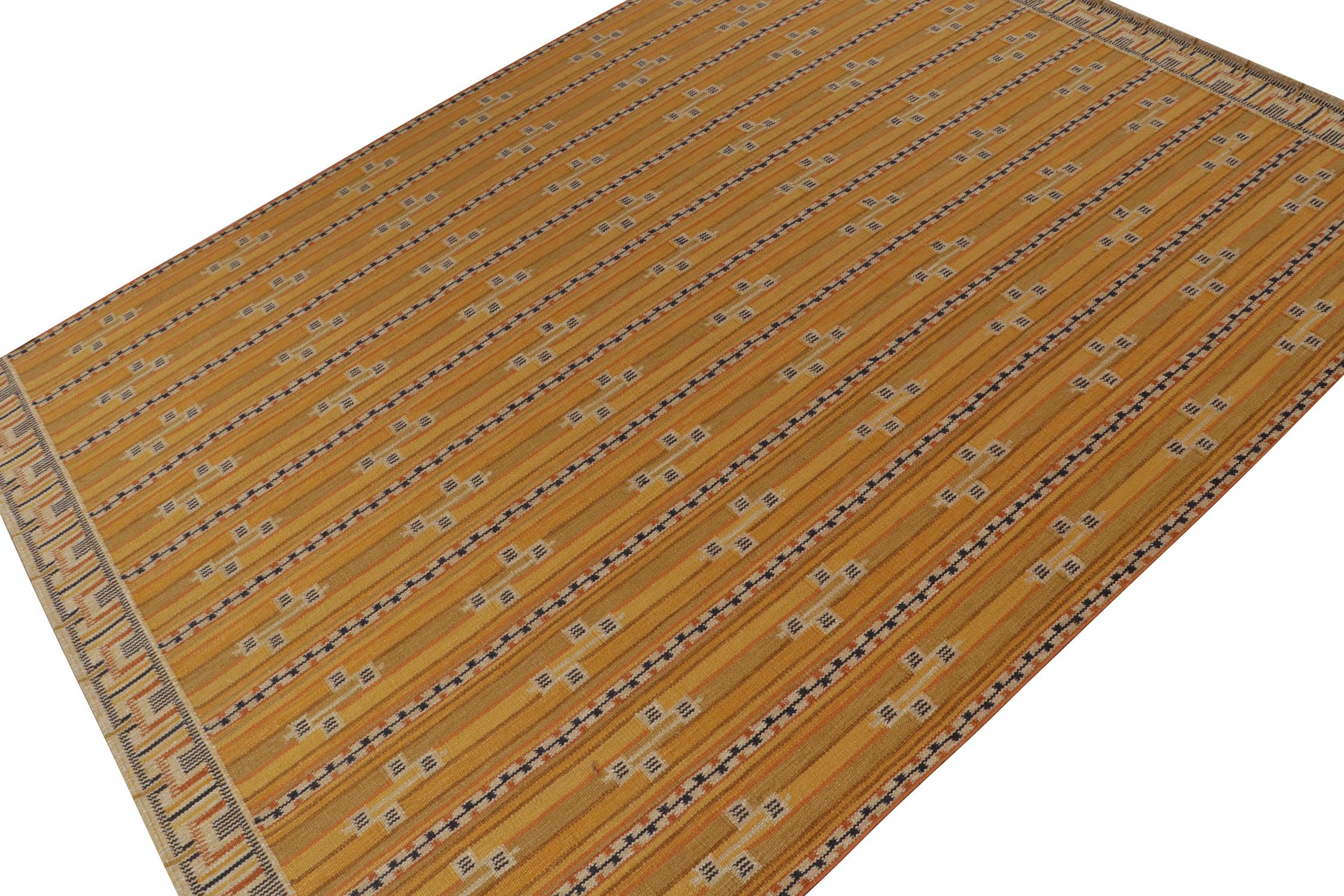 Scandinavian Modern Rug & Kilim’s Scandinavian Style Kilim in Ochre with Black Geometric Patterns For Sale