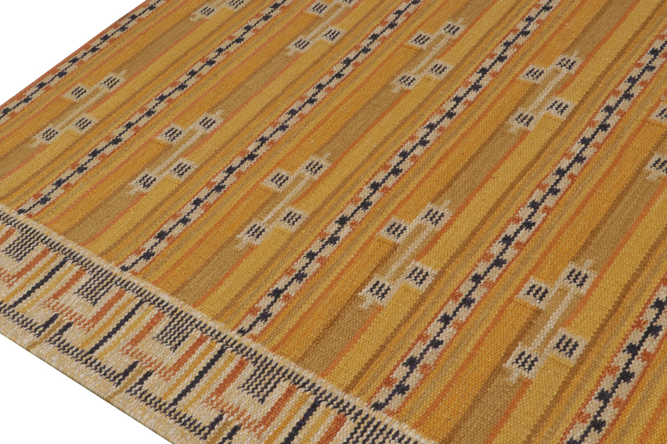 Hand-Knotted Rug & Kilim’s Scandinavian Style Kilim in Ochre with Black Geometric Patterns For Sale