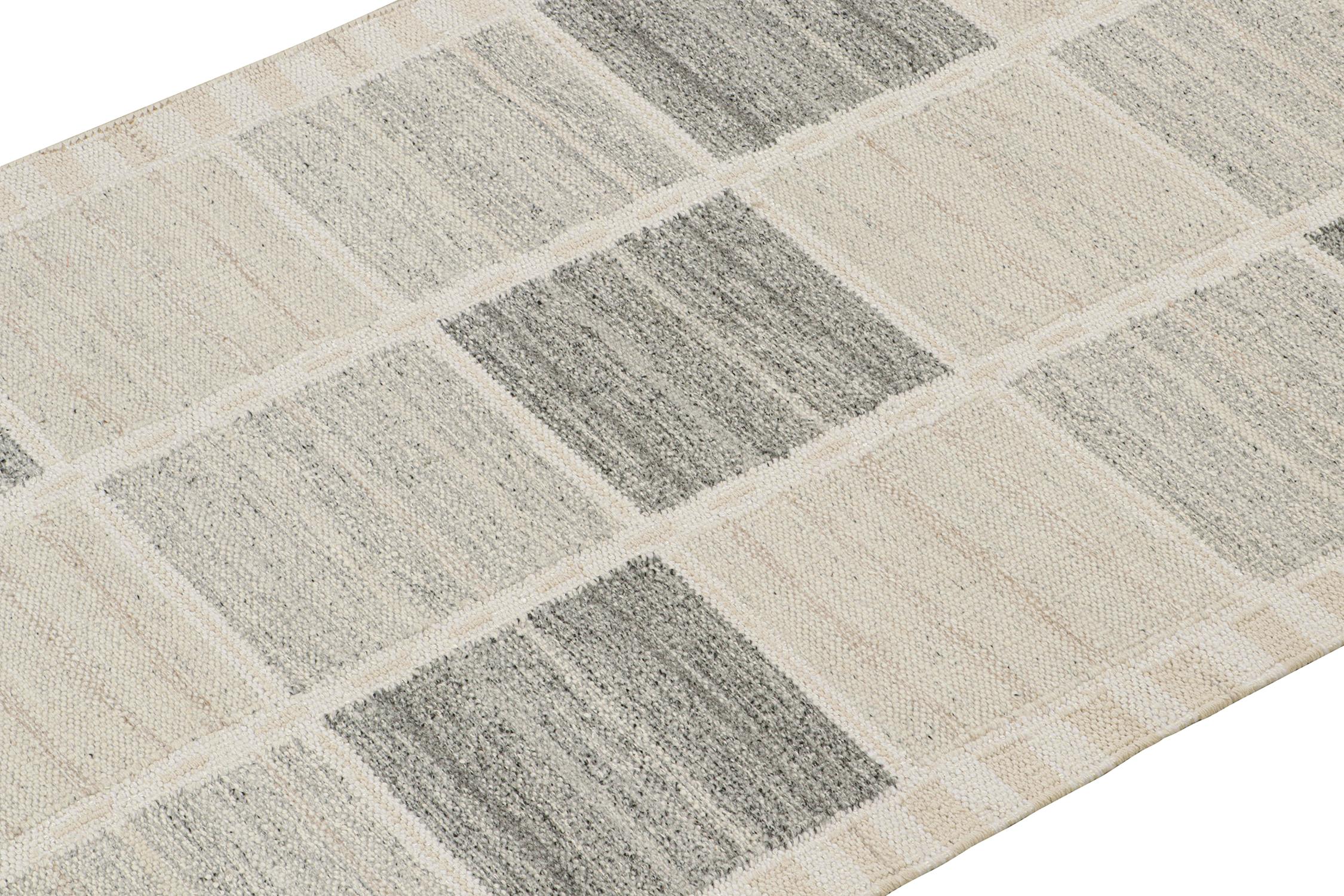 Indian Rug & Kilim’s Scandinavian Style Kilim in Off-White and Grey Geometric Patterns For Sale