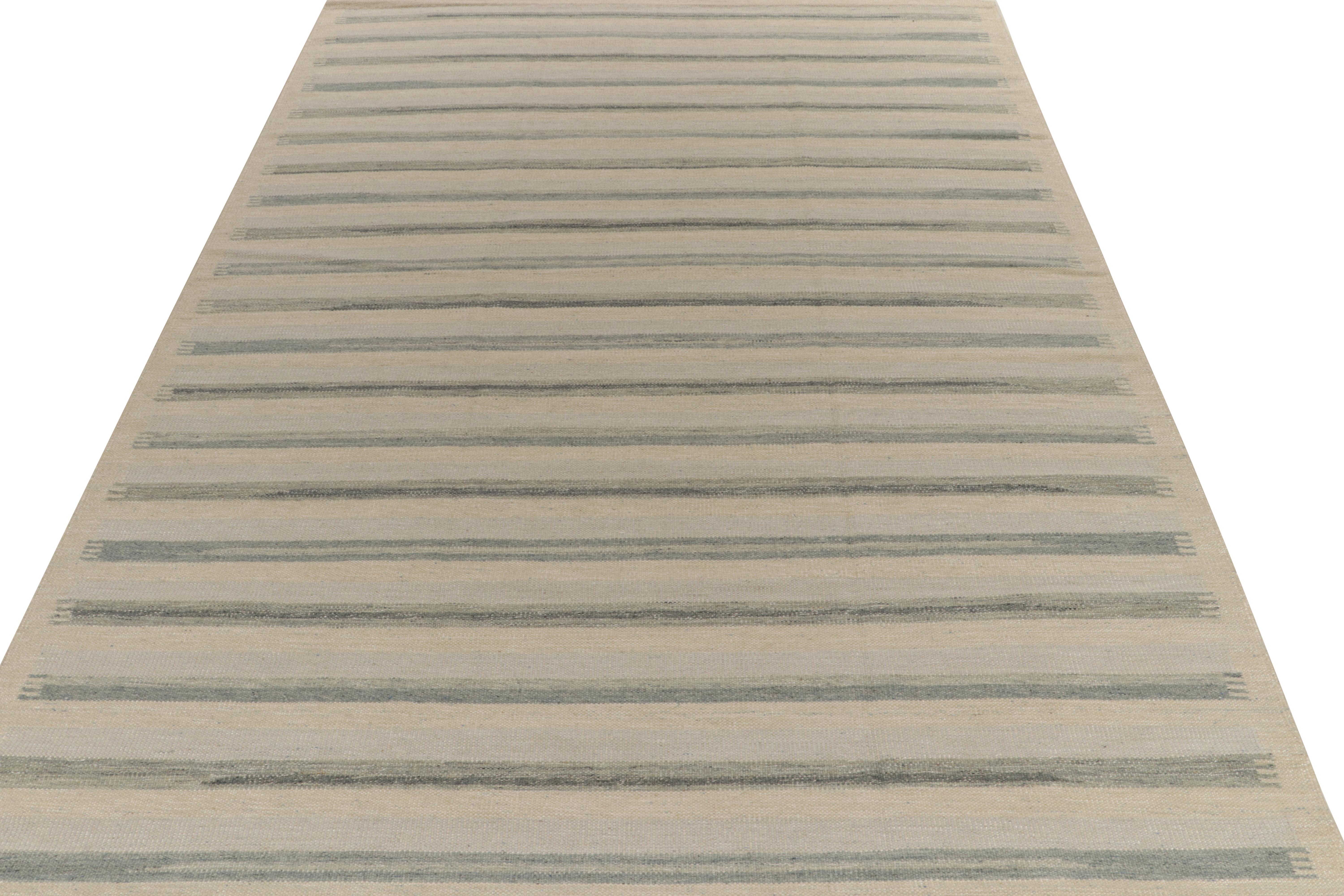 Scandinavian Modern Rug & Kilim’s Scandinavian Style Kilim in Off-White, Blue and Gray Stripes For Sale