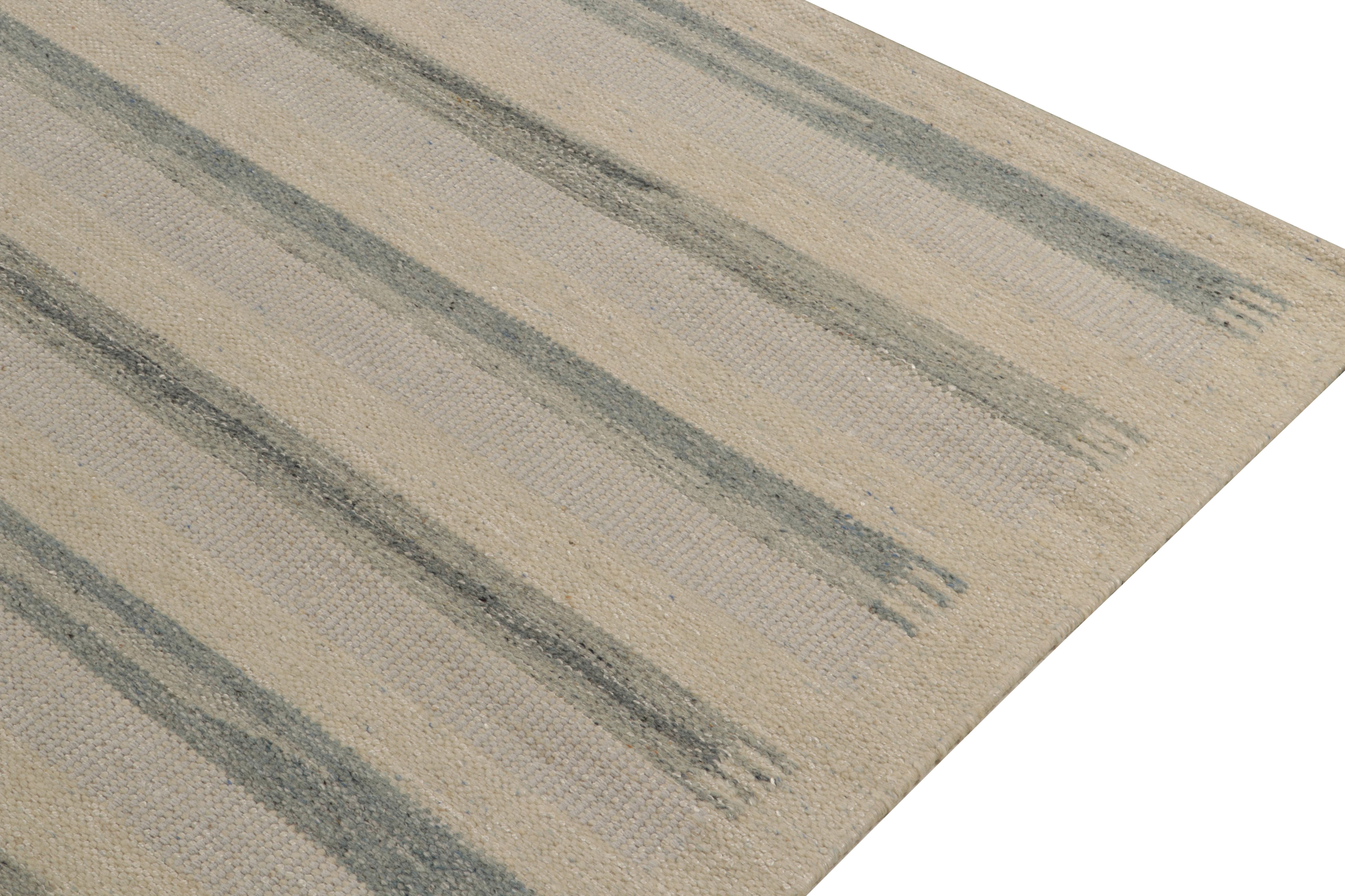 Hand-Knotted Rug & Kilim’s Scandinavian Style Kilim in Off-White, Blue and Gray Stripes For Sale