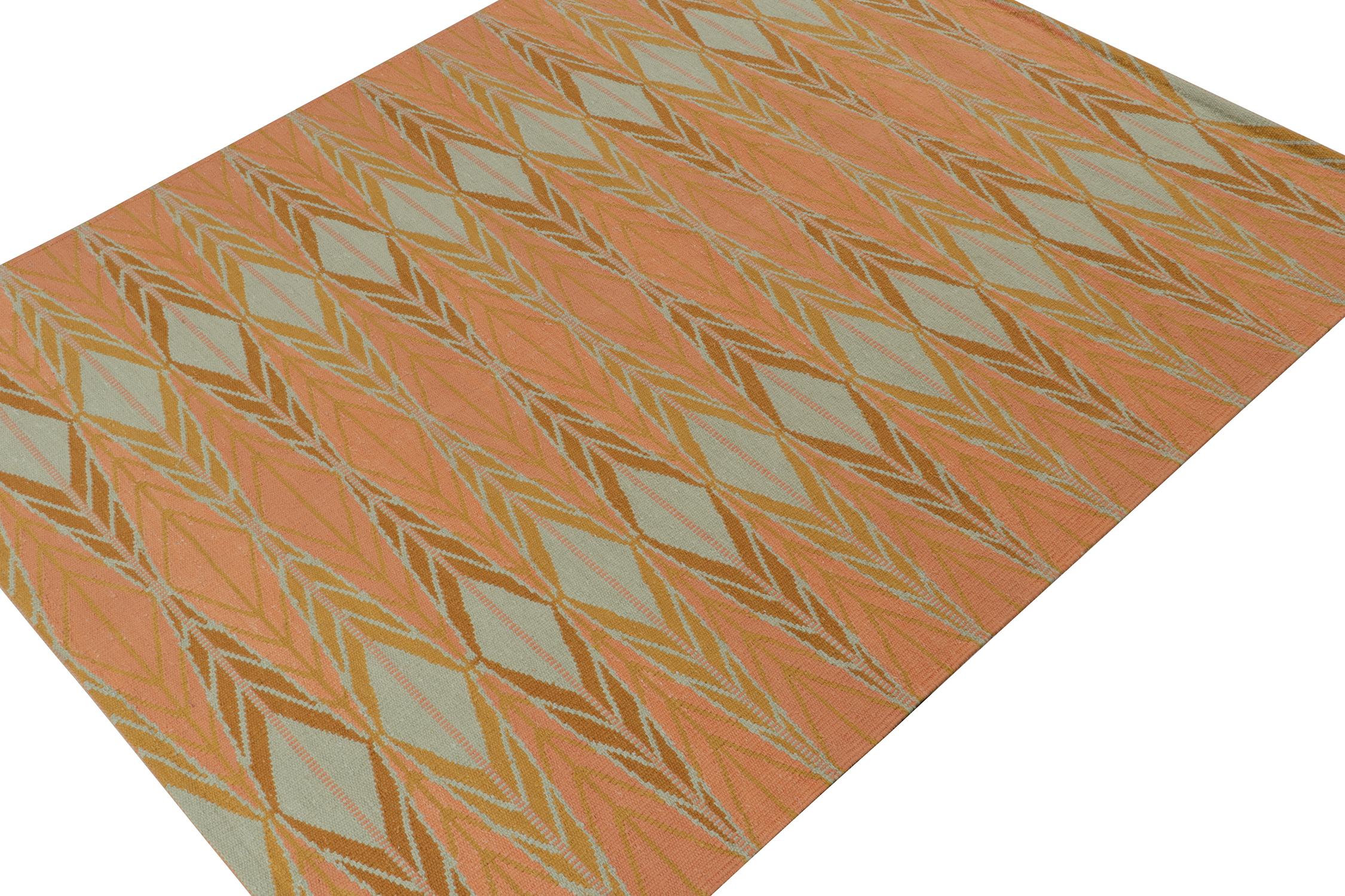 A smart 8 x 10 Swedish style kilim from our award-winning Scandinavian flat weave collection. Handwoven in cotton. 
On the Design: 
This rug enjoys geometric patterns in the most unique peach, gold and seafoam blue tones with a gorgeous presence.