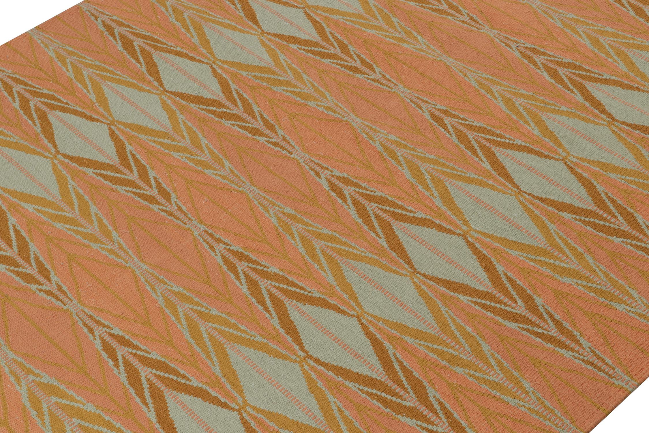 Indian Rug & Kilim’s Scandinavian Style Kilim in Orange, Gold & Blue Geometric Pattern For Sale
