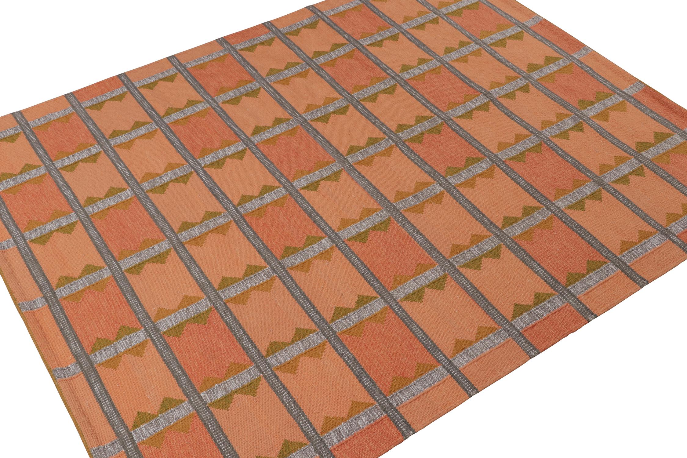 This smart 8x10 Swedish style kilim is the next addition to Rug & Kilim's award-winning Scandinavian flat weave collection. Handwoven in cotton. 
Further On the Design: 
This rug enjoys geometric patterns in peachy orange and pink, gray, and brown