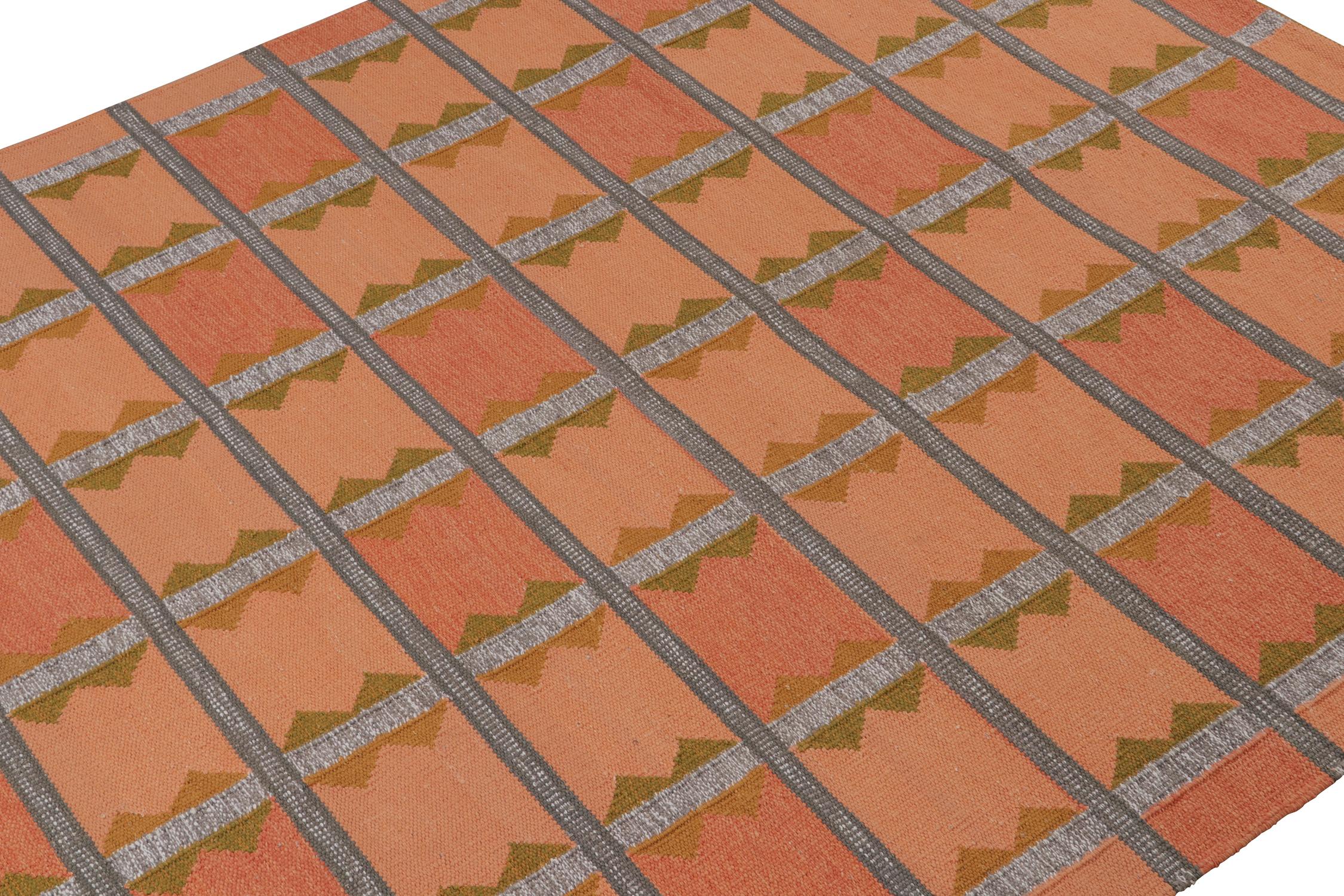 Indian Rug & Kilim’s Scandinavian Style Kilim in Orange, Gray & Brown Geometric Pattern For Sale