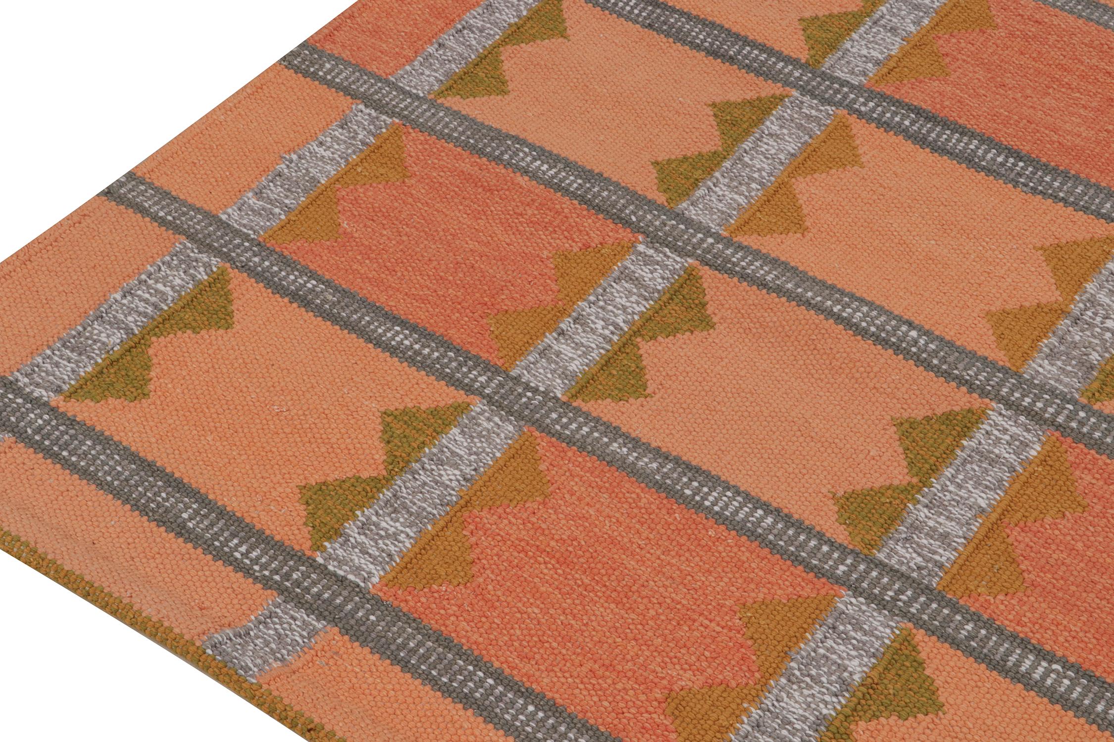 Hand-Knotted Rug & Kilim’s Scandinavian Style Kilim in Orange, Gray & Brown Geometric Pattern For Sale