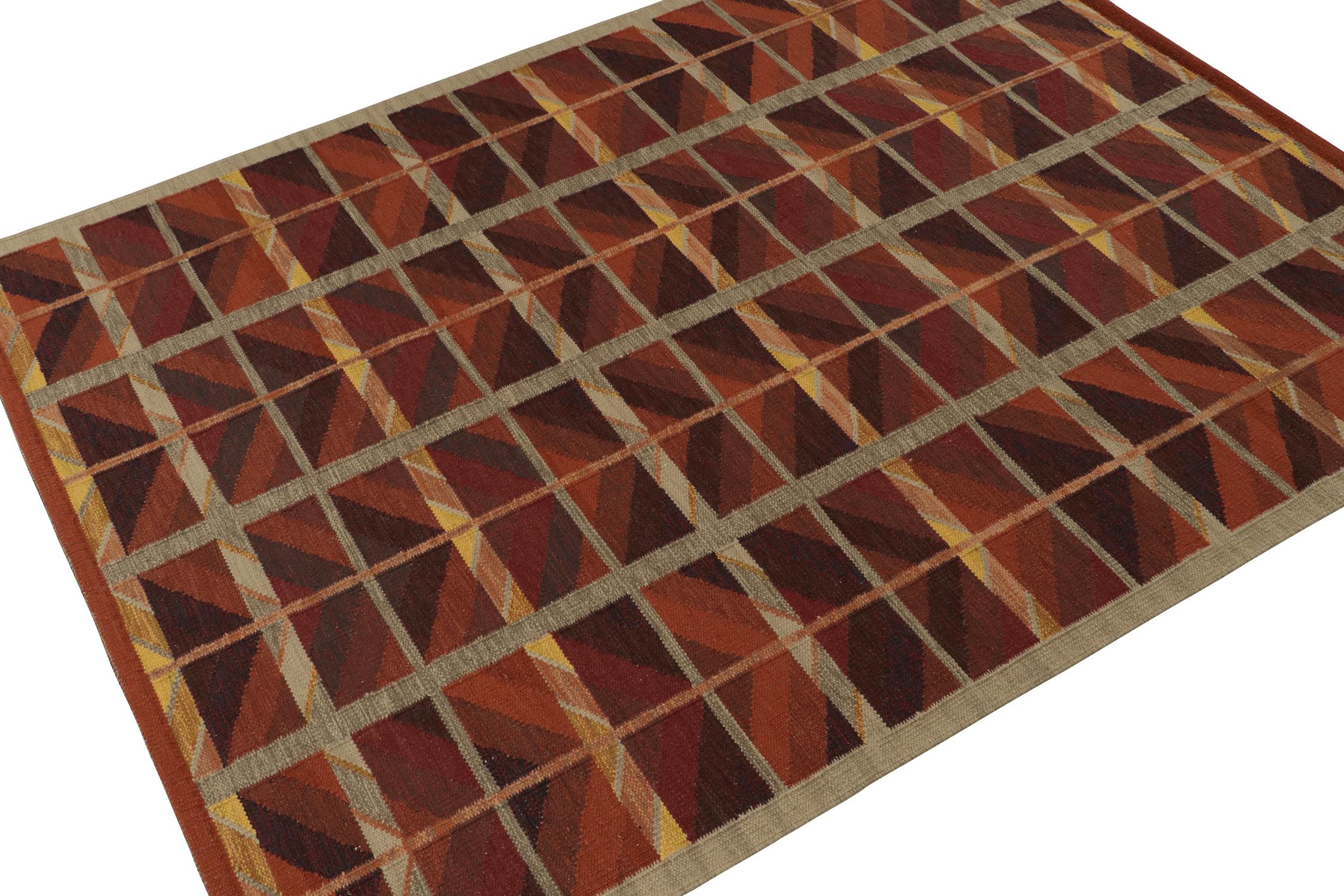 This 8x11 Swedish style kilim is the next addition to Rug & Kilim's award-winning Scandinavian flat weave collection. Handwoven in wool. 
Further On the Design: 
This rug enjoys geometric patterns in red, ochre, and gray with gold punctuations