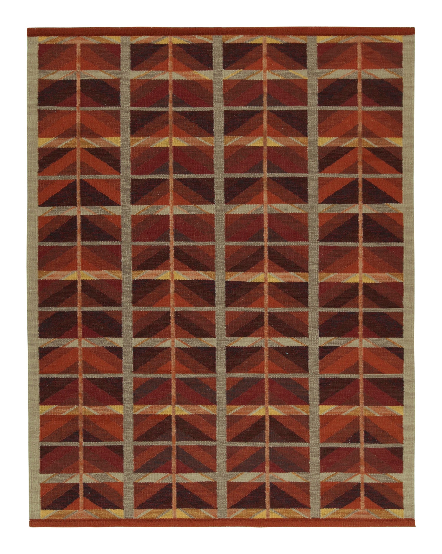 Rug & Kilim’s Scandinavian Style Kilim in Red, Ochre and Gray Geometric Pattern For Sale