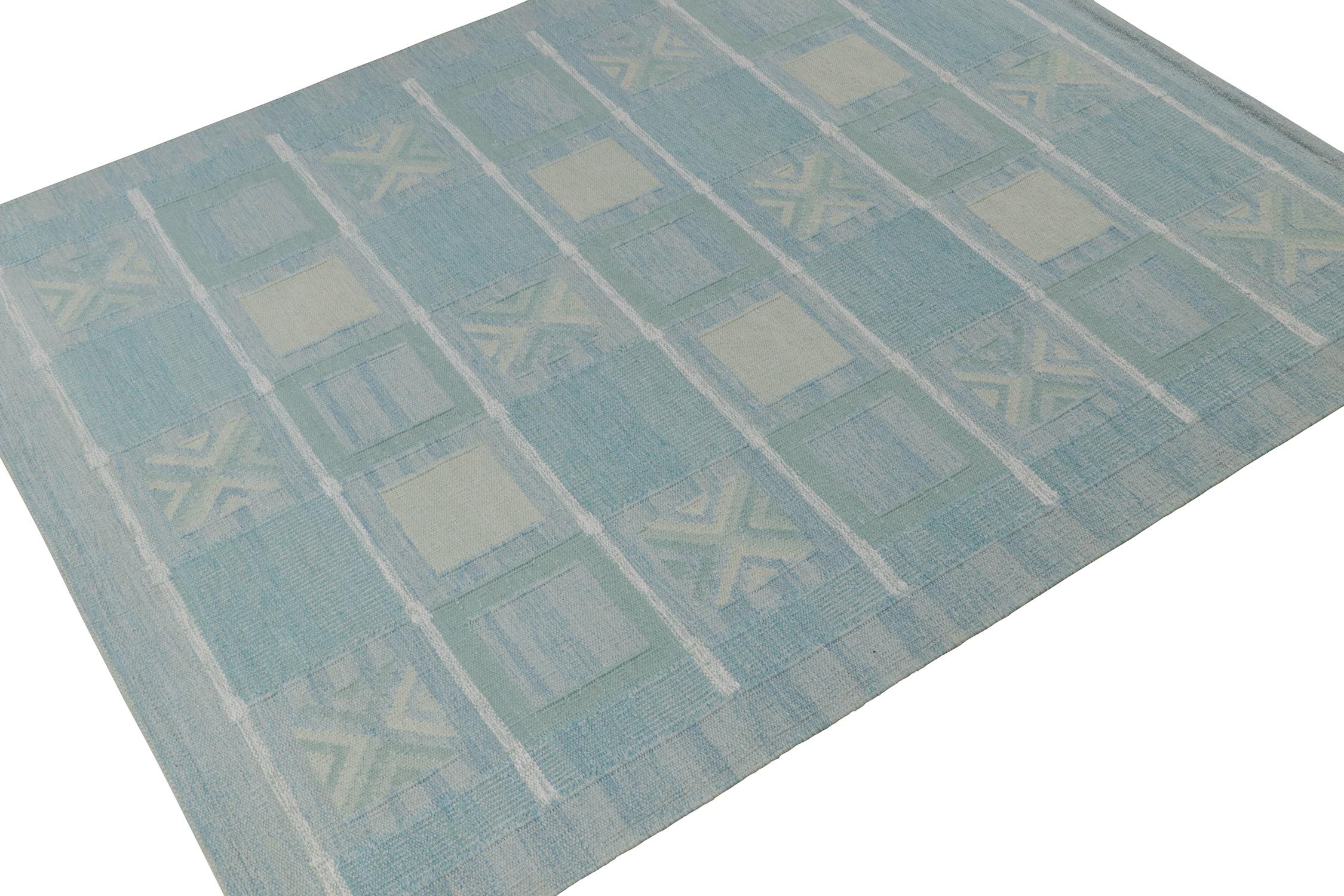 This 8x10 Swedish style kilim is the next addition to Rug & Kilim's award-winning Scandinavian flat weave collection. Handwoven in cotton. 
Further On the Design: 
This rug enjoys geometric patterns in seafoam blue, green and gray with a gorgeous