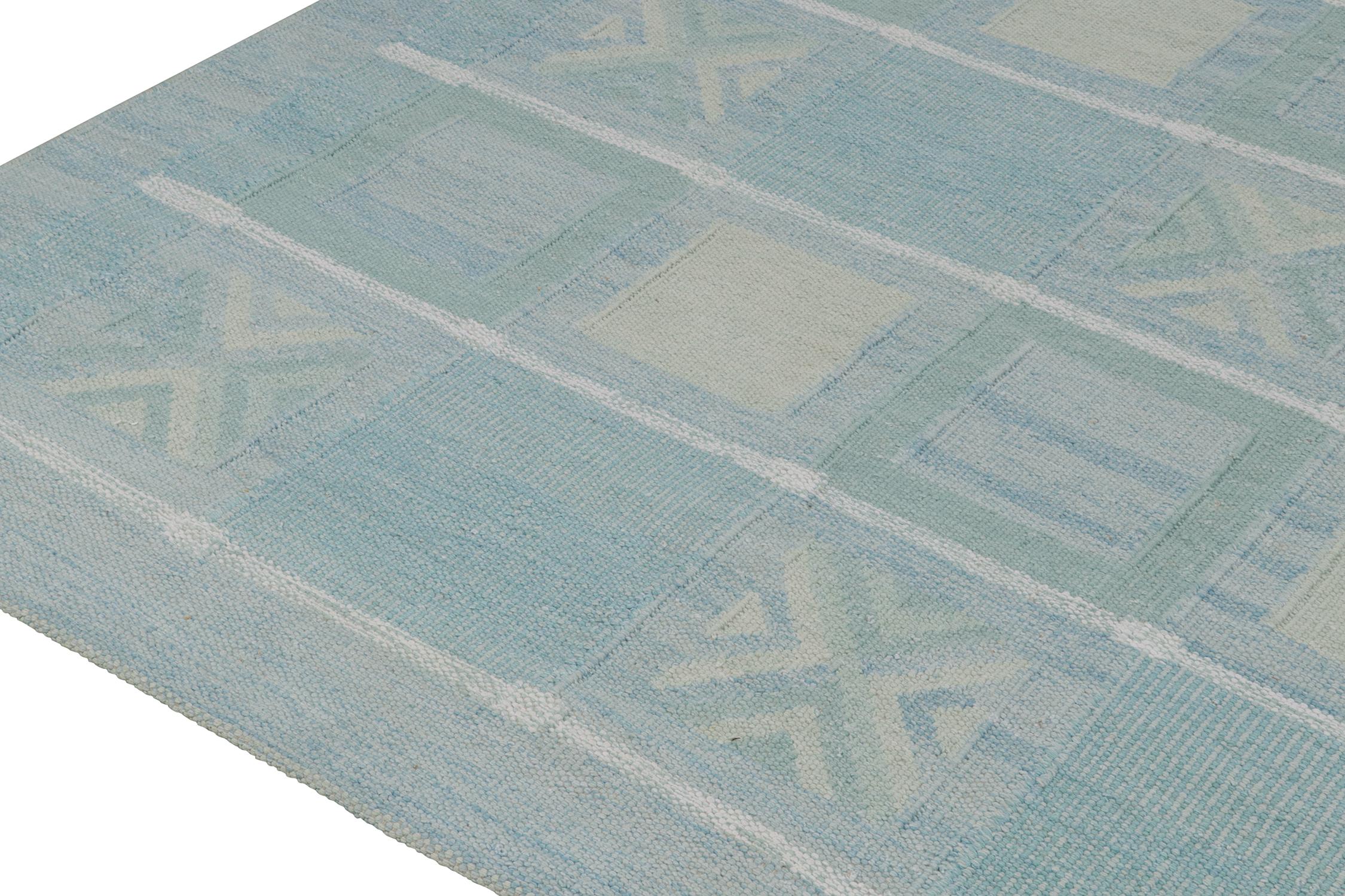 Hand-Knotted Rug & Kilim’s Scandinavian Style Kilim in Seafoam, Teal & Gray Geometric Pattern For Sale