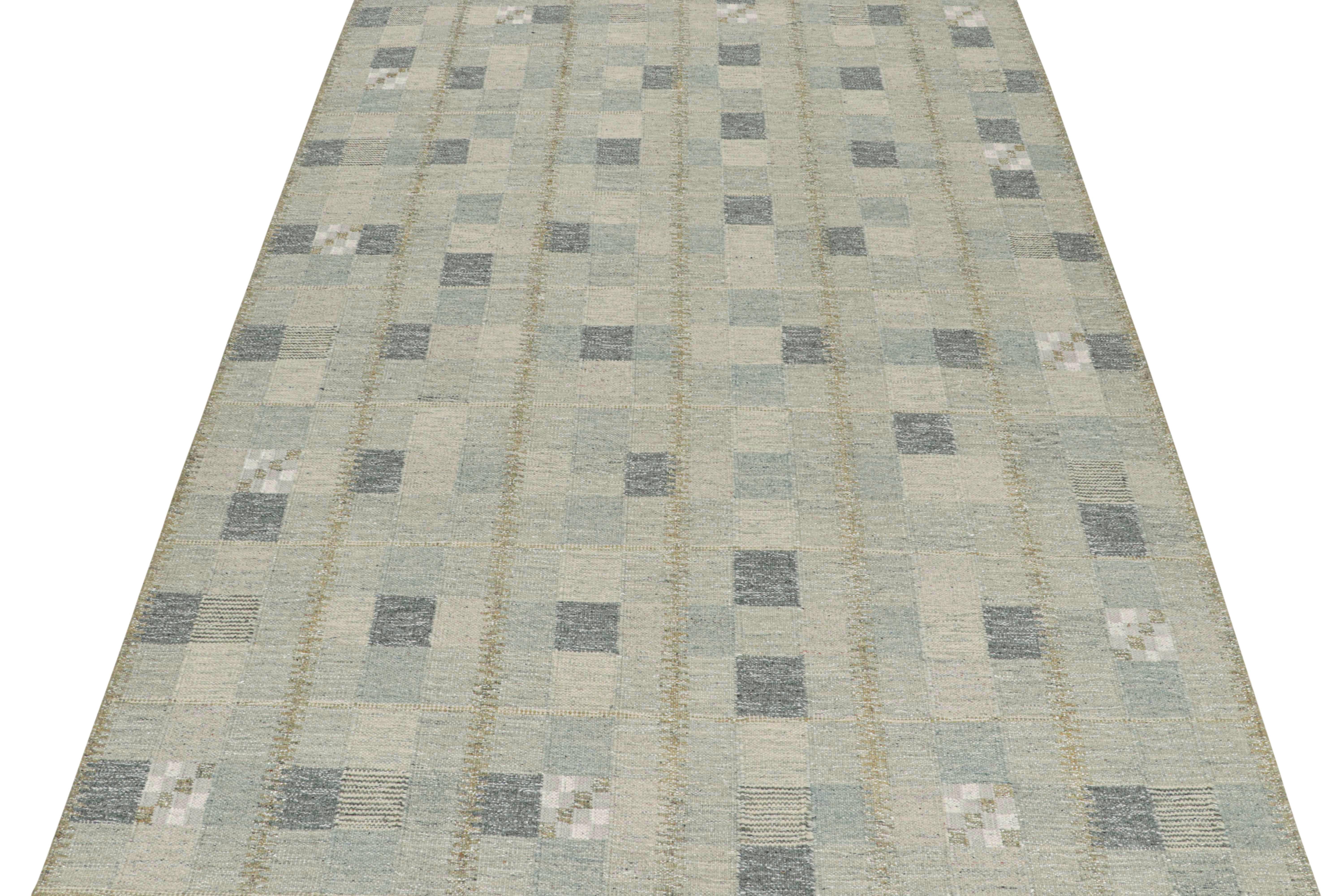 This 10x14 flat weave is a new addition to the Scandinavian Kilim collection by Rug & Kilim. Handwoven in wool and natural yarns, its design reflects a contemporary take on mid-century Rollakans and Swedish Deco style.

On the Design:

This new