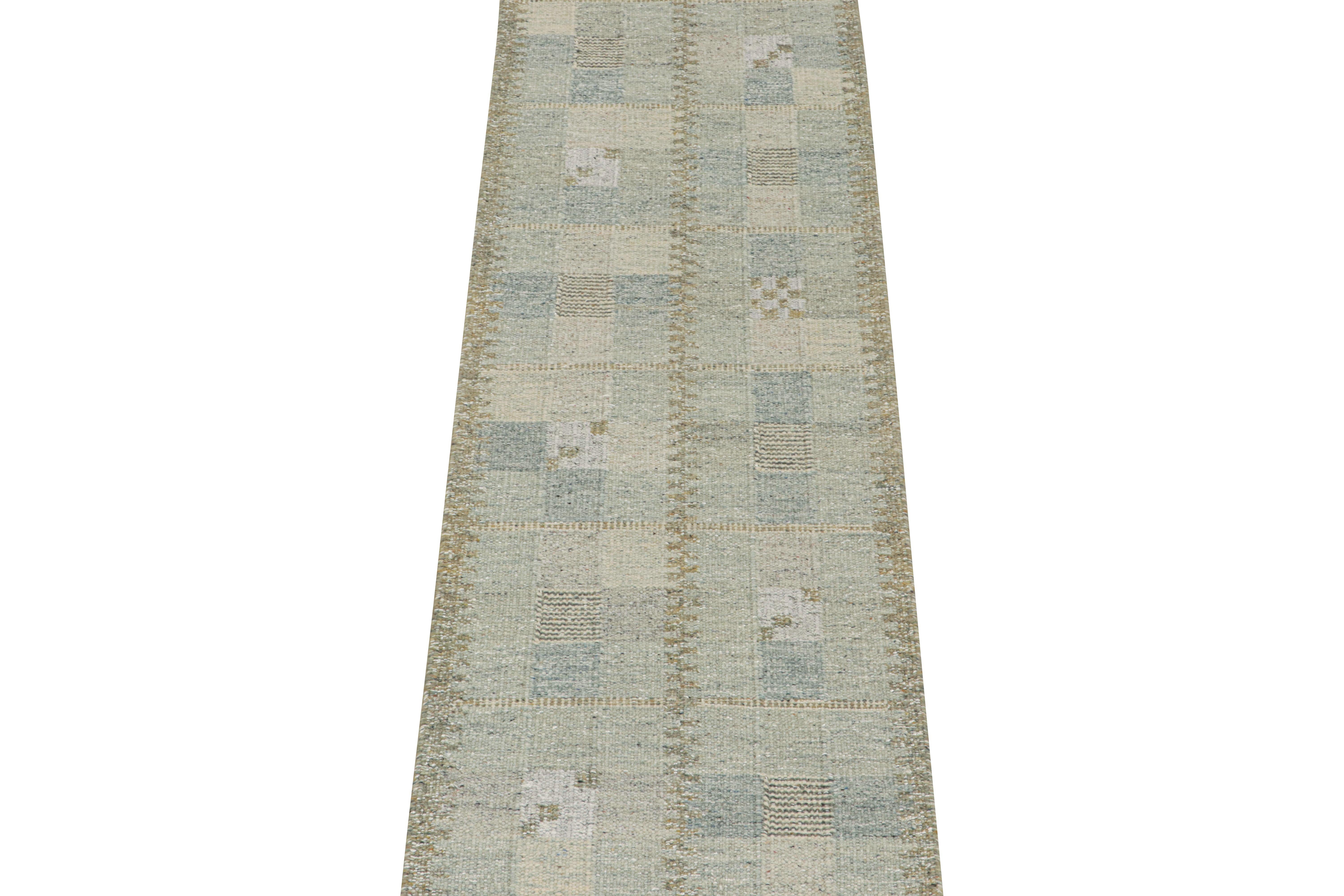 This 3x9 flat weave runner is a new addition to the Scandinavian Kilim collection by Rug & Kilim. Handwoven in wool and natural yarns, its design reflects a contemporary take on mid-century Rollakans and Swedish Deco style.

On the Design:

This