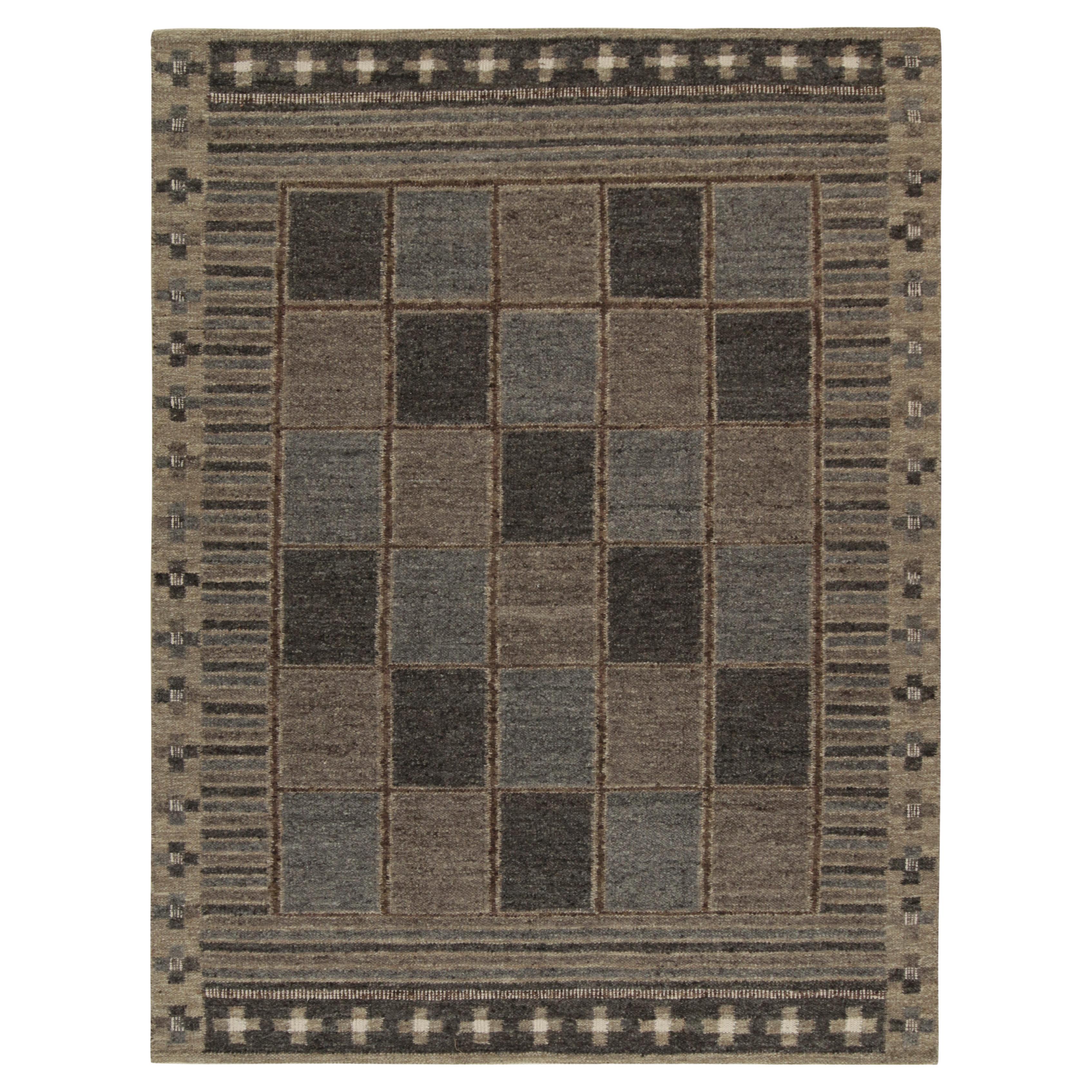 Rug & Kilim’s Scandinavian Style Kilim in Slate & Beige-Brown Geometric Pattern For Sale