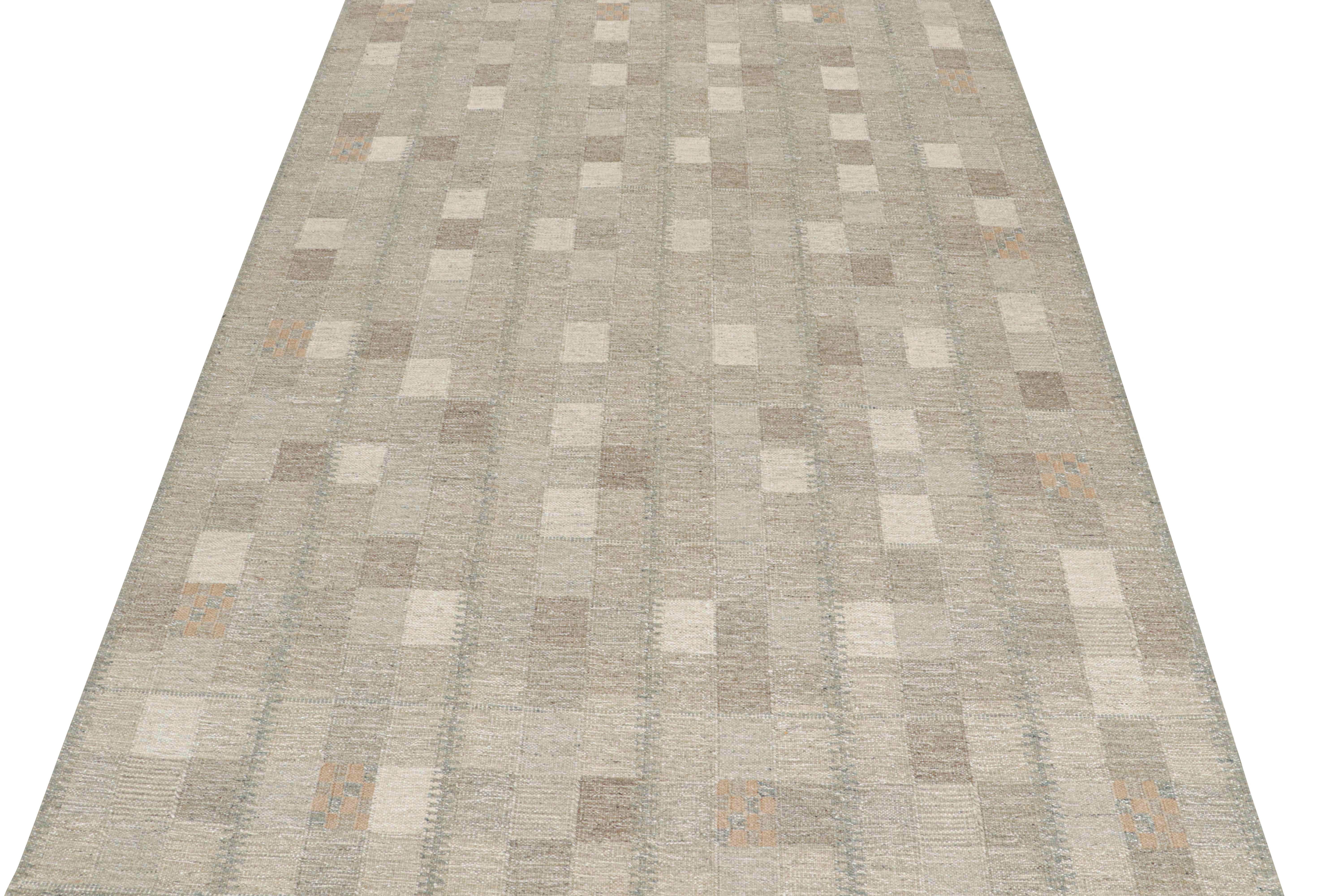 This 10x14 Kilim is a bold new addition to the Scandinavian Collection by Rug & Kilim. Handwoven in wool and natural yarns, its design reflects a contemporary take on mid-century Rollakans and Swedish Deco style.

On the Design:

This new flat