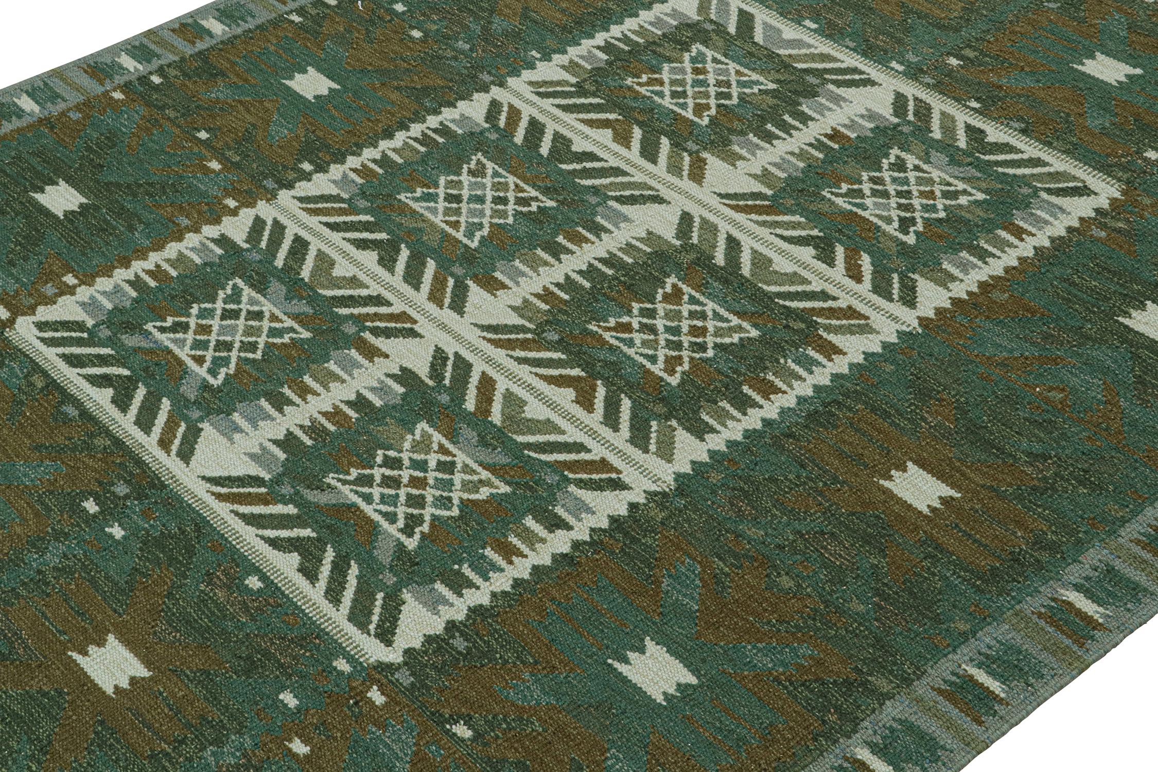 Annodato a mano Rug & Kilim in stile scandinavo con motivi geometrici verde acqua, grigio e marrone in vendita