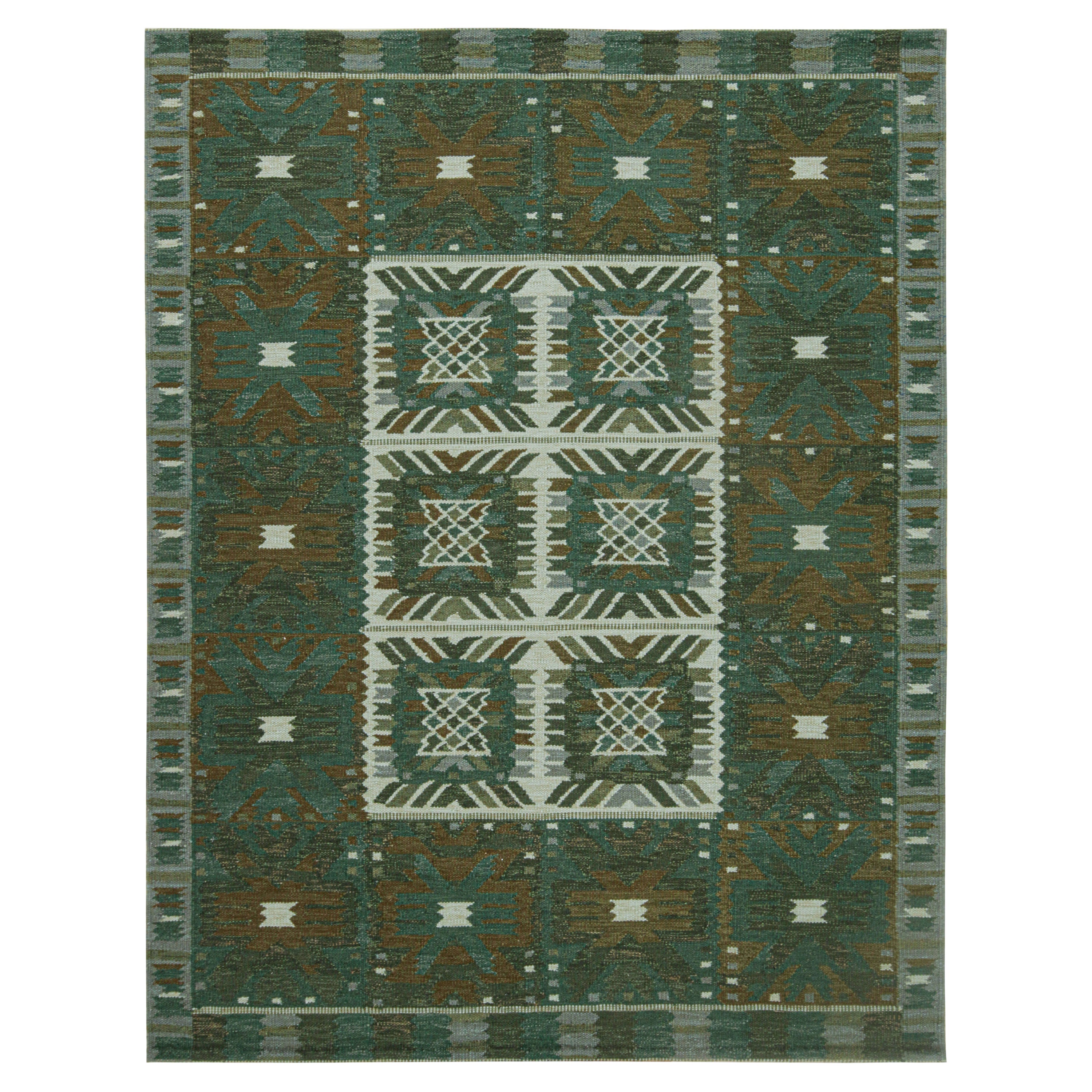 Rug & Kilim’s Scandinavian Style Kilim in Teal, Grey & Brown Geometric Patterns For Sale