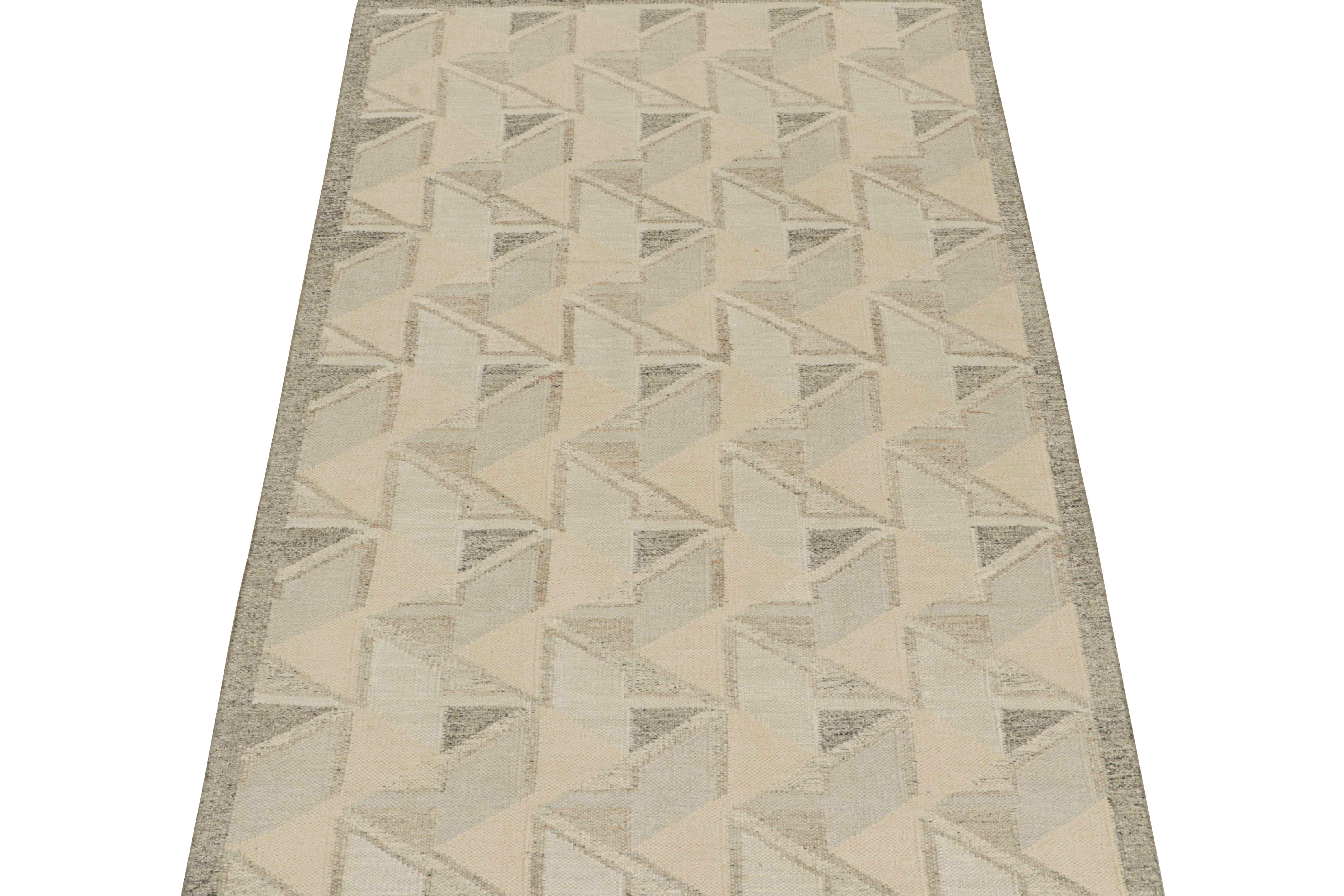 This 6 x9  flat weave is a new addition to the Scandinavian Kilim collection by Rug & Kilim. Handwoven in wool and natural yarns, its design reflects a contemporary take on mid-century Rollakans and Swedish Deco style.

On the design:

This new