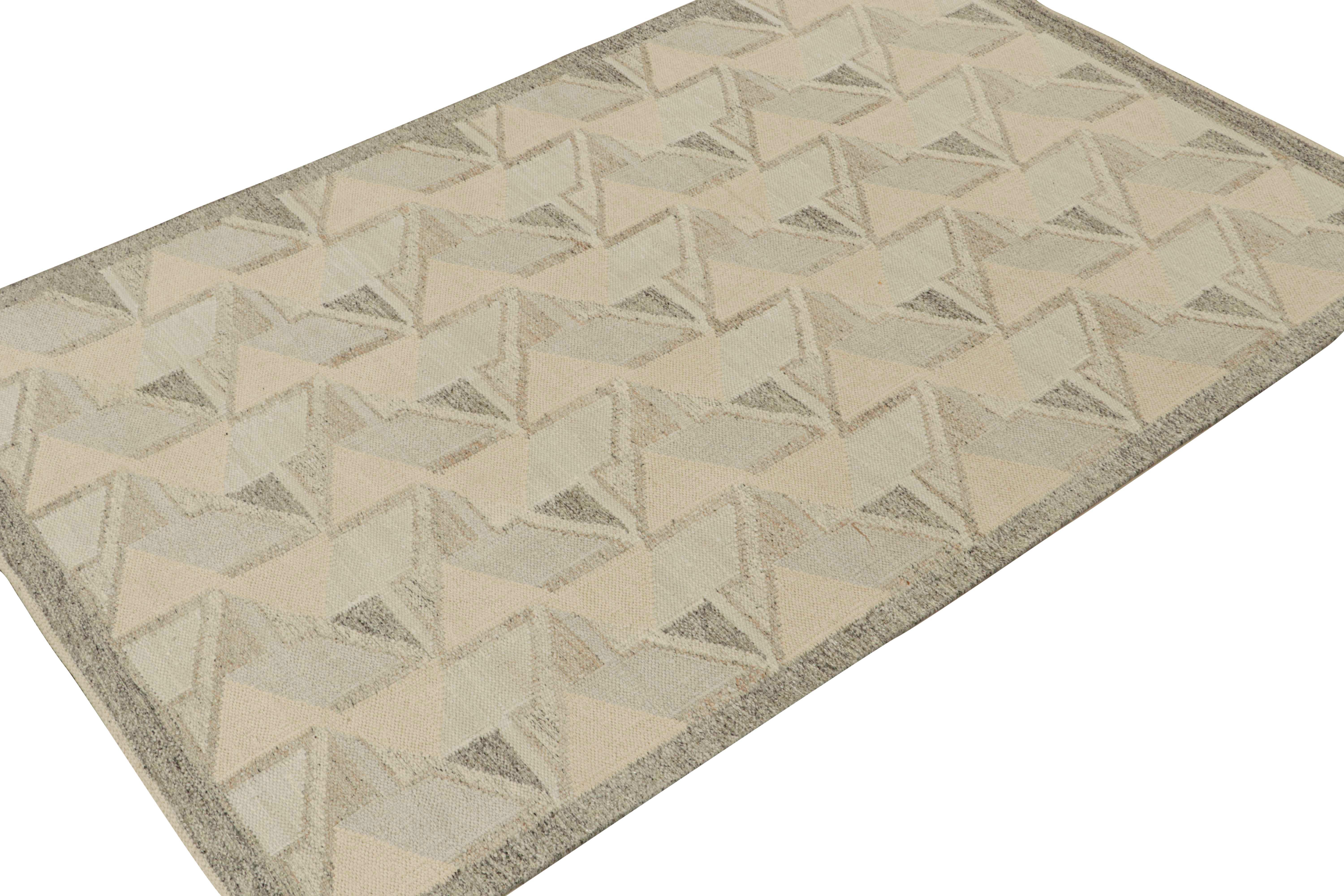 Modern Rug & Kilim’s Scandinavian Style Kilim in White and Blue Geometric Patterns For Sale