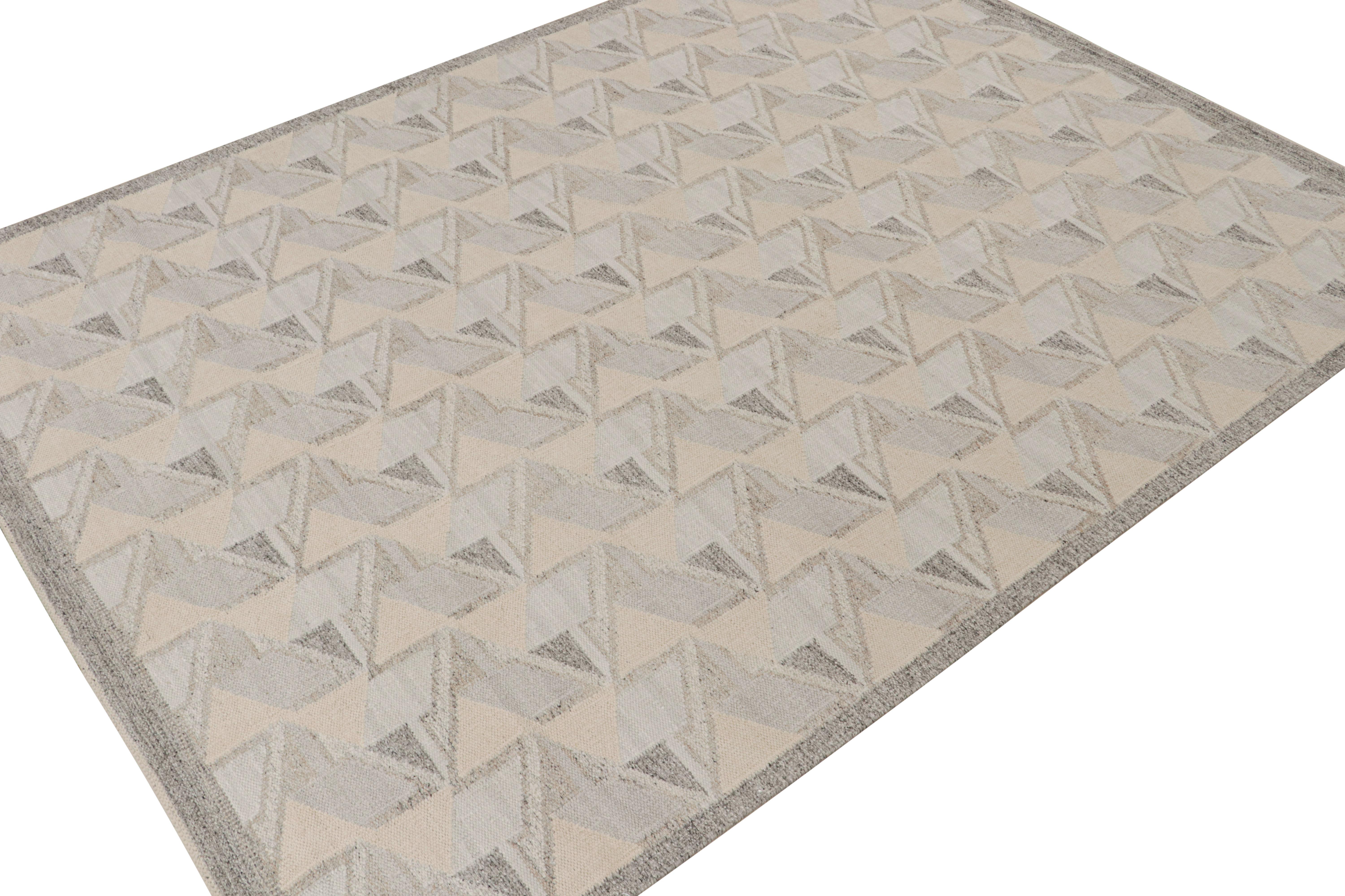 Modern Rug & Kilim’s Scandinavian Style Kilim in White and Blue Geometric Patterns For Sale