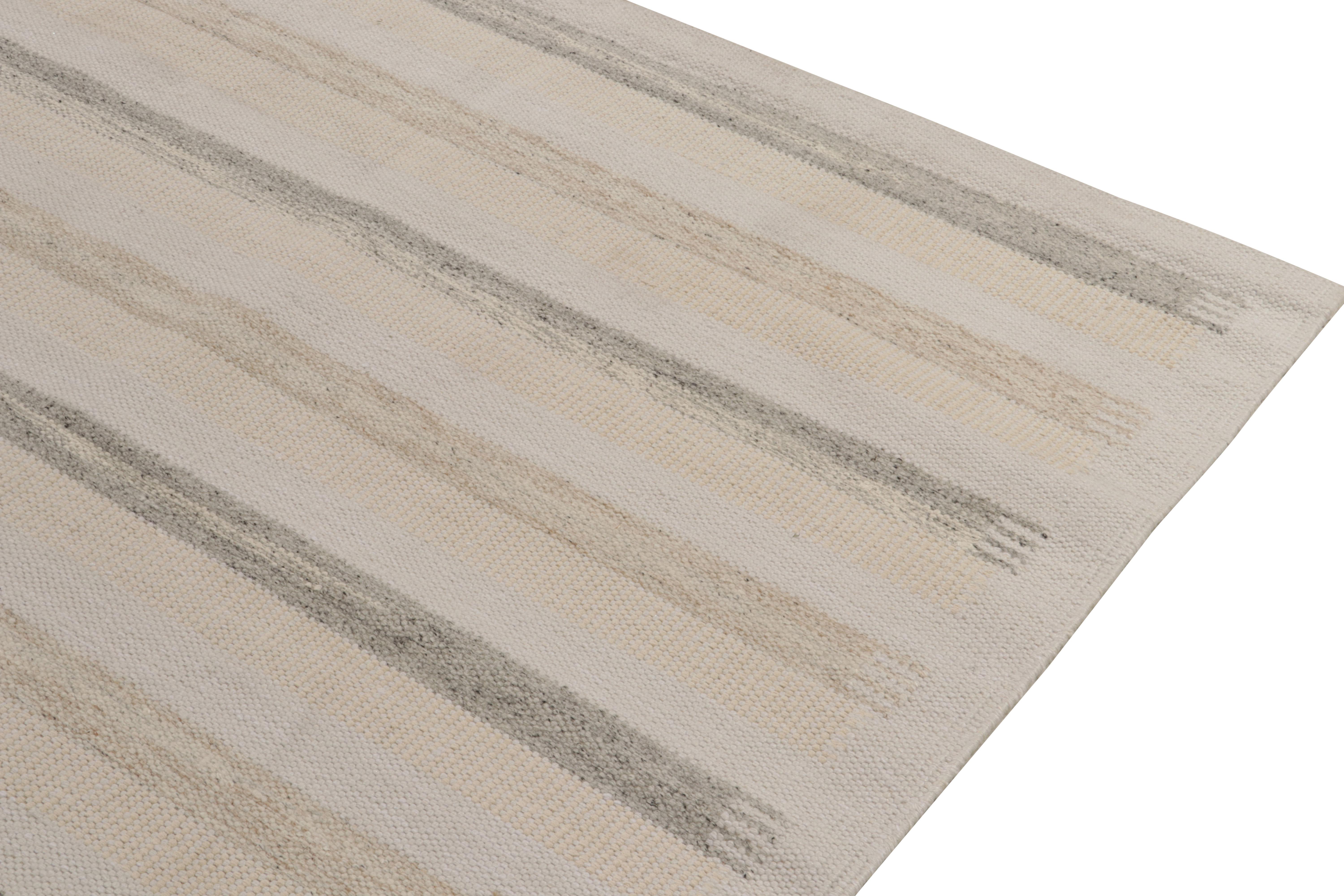 Hand-Knotted Rug & Kilim’s Scandinavian Style Kilim in White, Beige and Gray Stripes For Sale