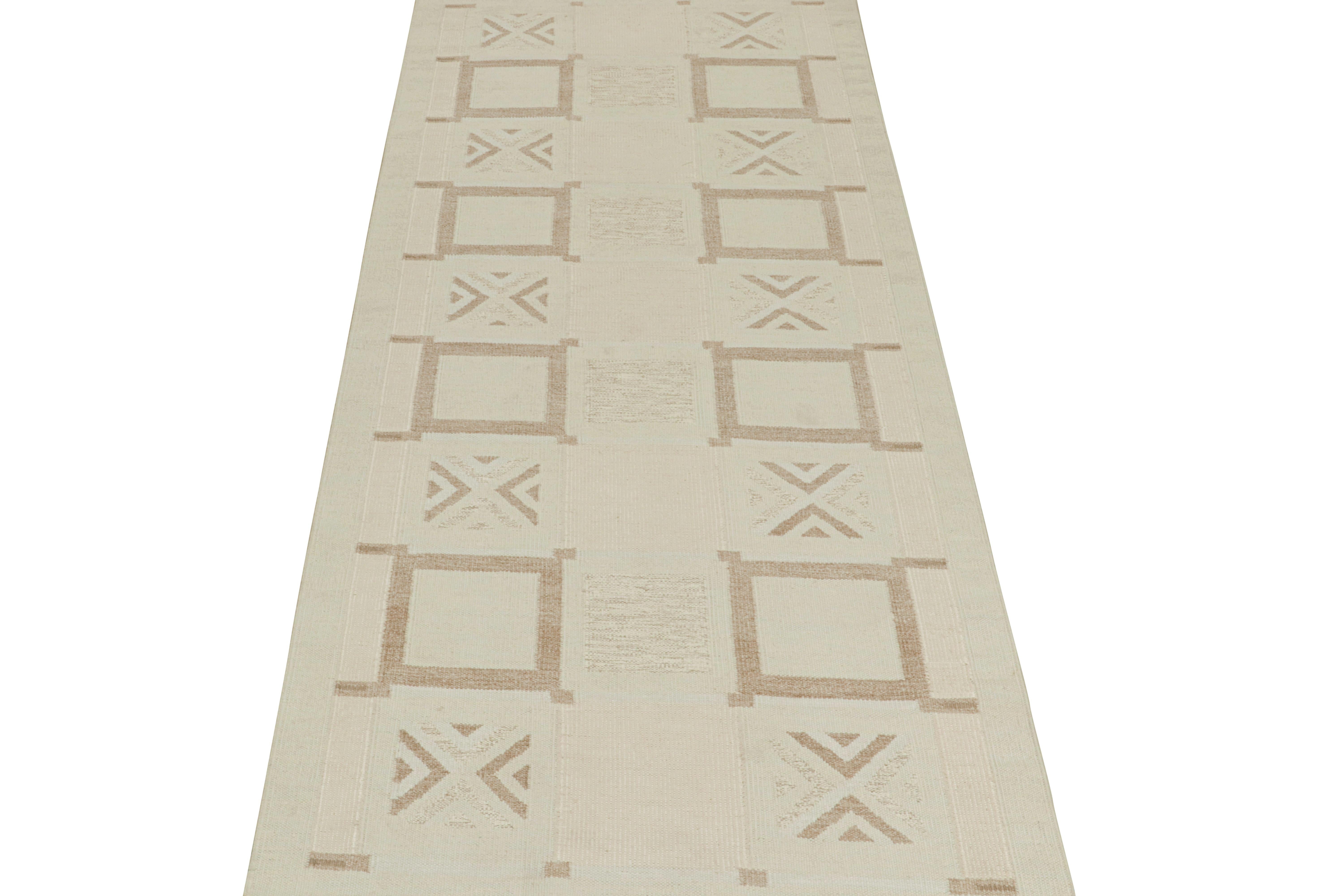This 6x13 flat weave is a new addition to the Scandinavian Kilim collection by Rug & Kilim. Handwoven in wool and natural yarns, its design reflects a contemporary take on mid-century Rollakans and Swedish Deco style.

On the Design:

This new flat