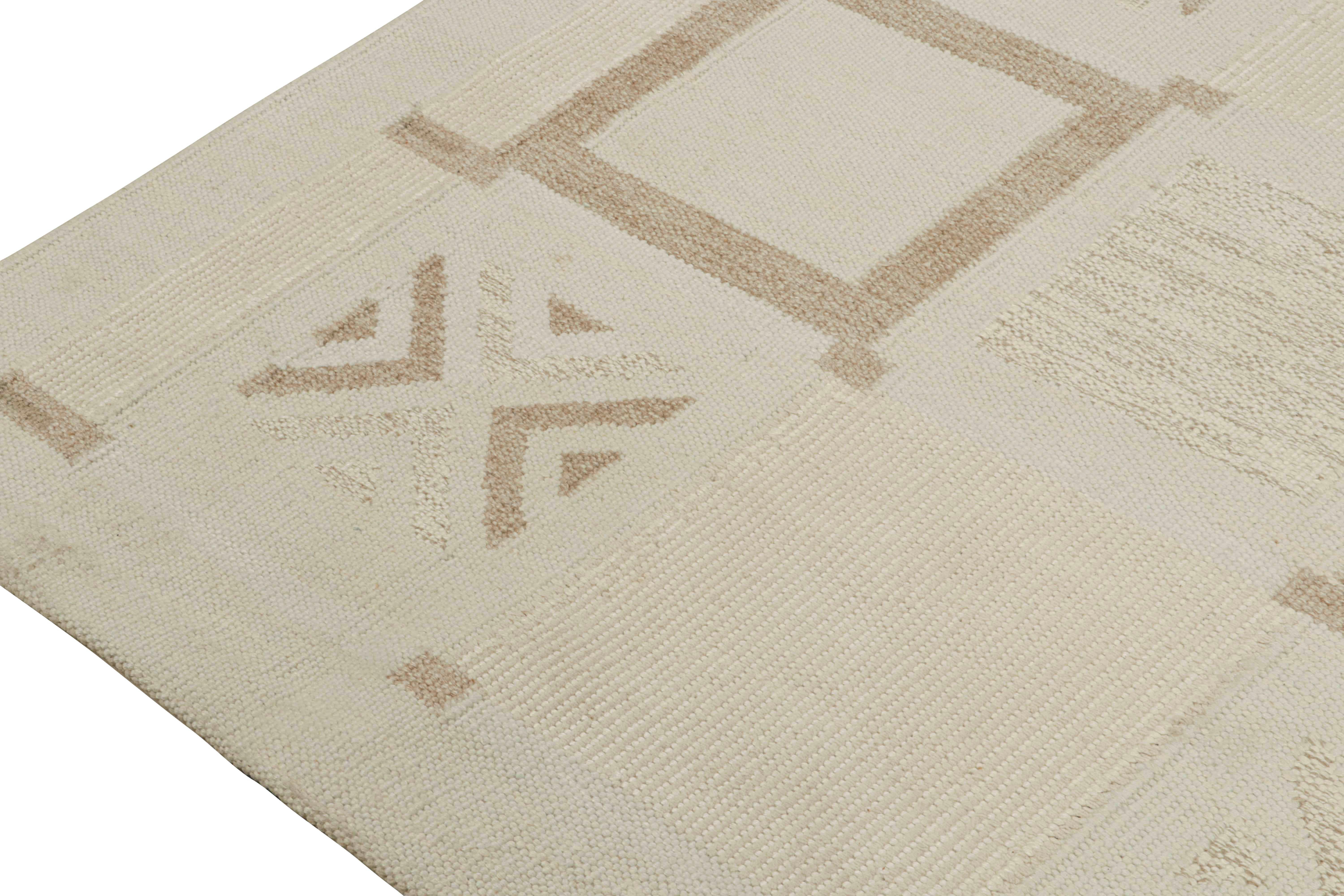 Hand-Knotted Rug & Kilim’s Scandinavian style Kilim in White & Beige-Brown Geometric Patterns For Sale