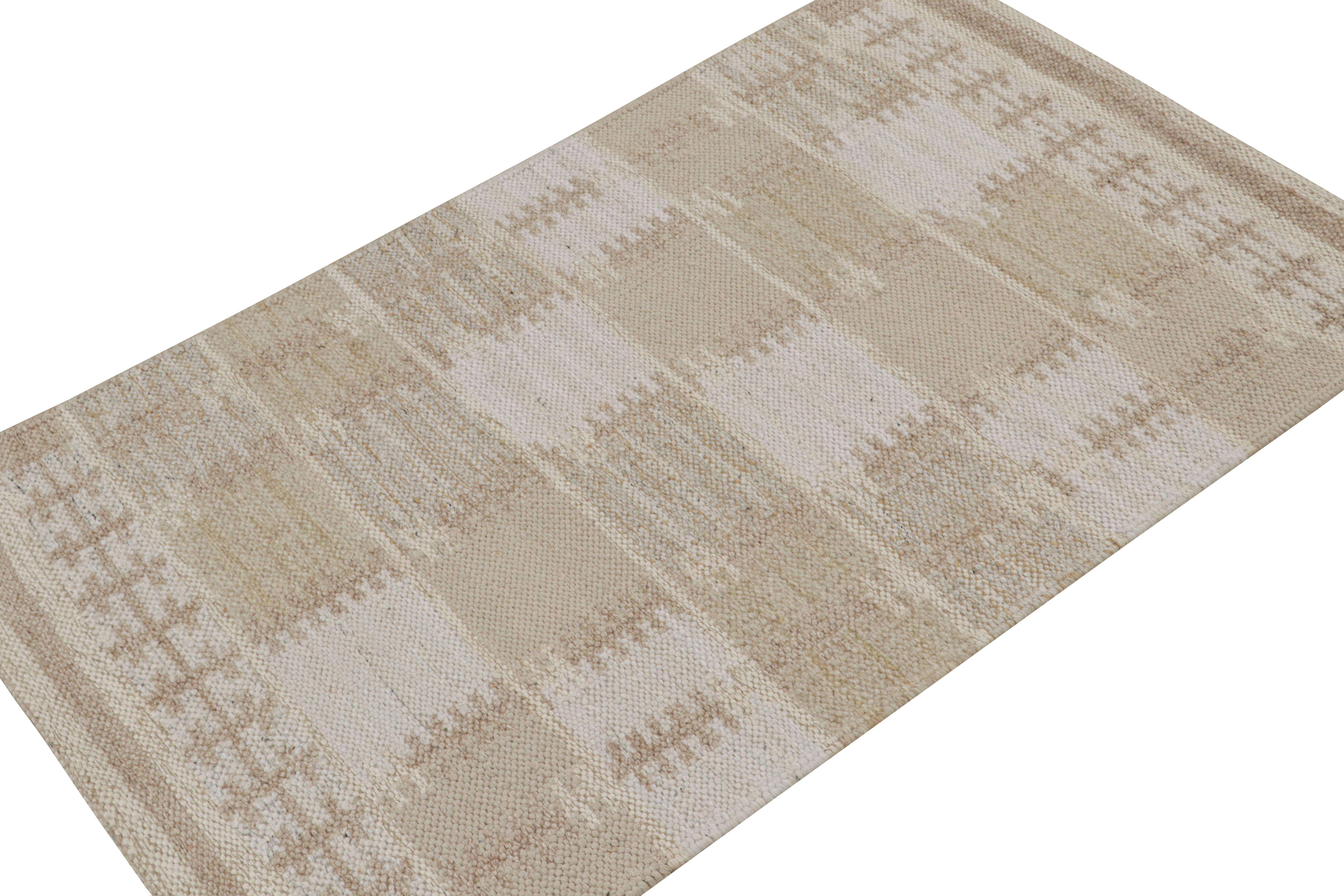 A smart 3x5 Swedish style kilim from our award-winning Scandinavian flat weave collection. Handwoven in wool & undyed natural yarn.

On the Design: 

This rug enjoys geometric patterns in comfortable brown & white. Keen eyes will admire undyed,