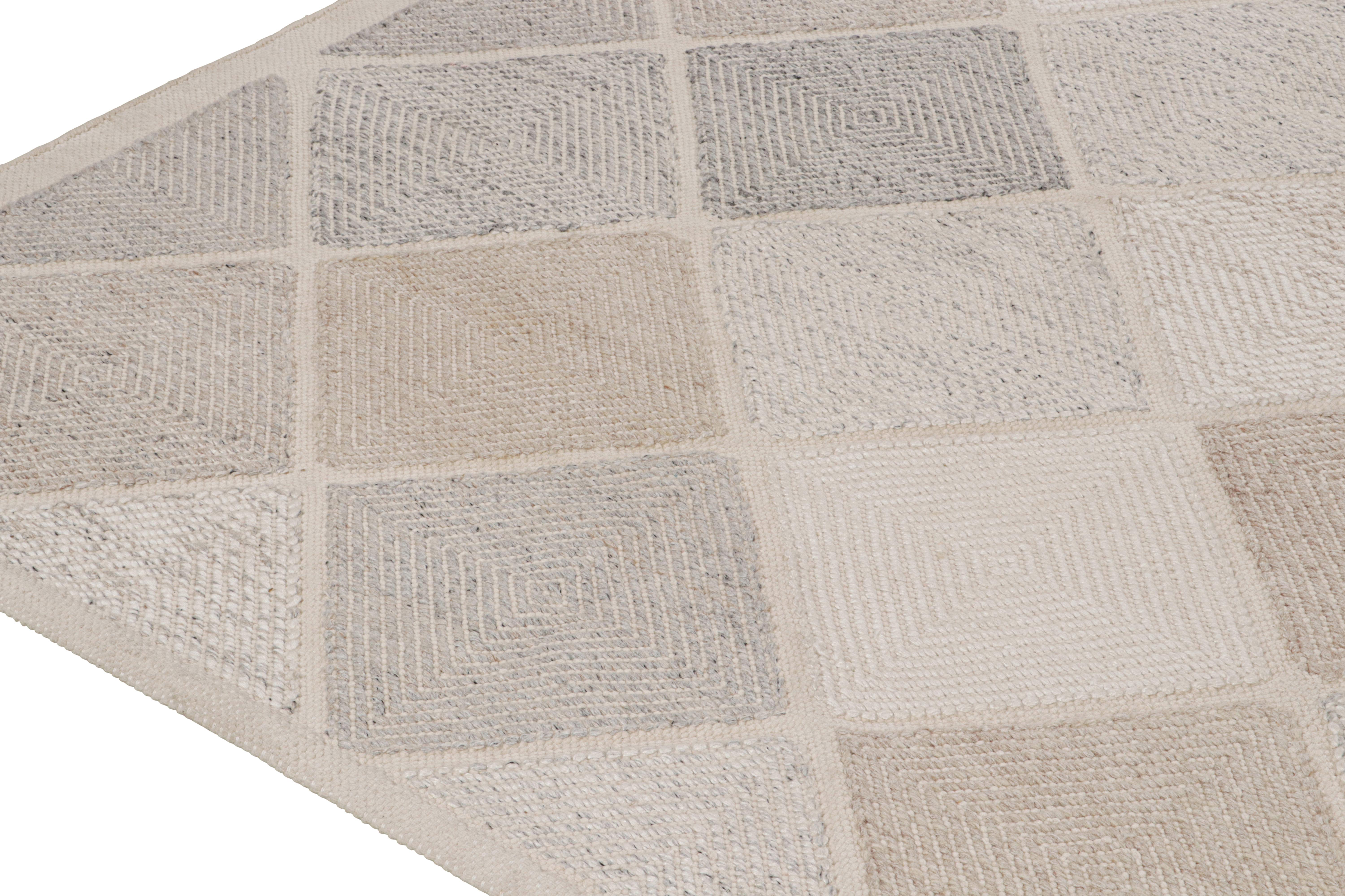 Indian Rug & Kilim’s Scandinavian Style Kilim in White, Taupe & Gray Diamond Patterns For Sale