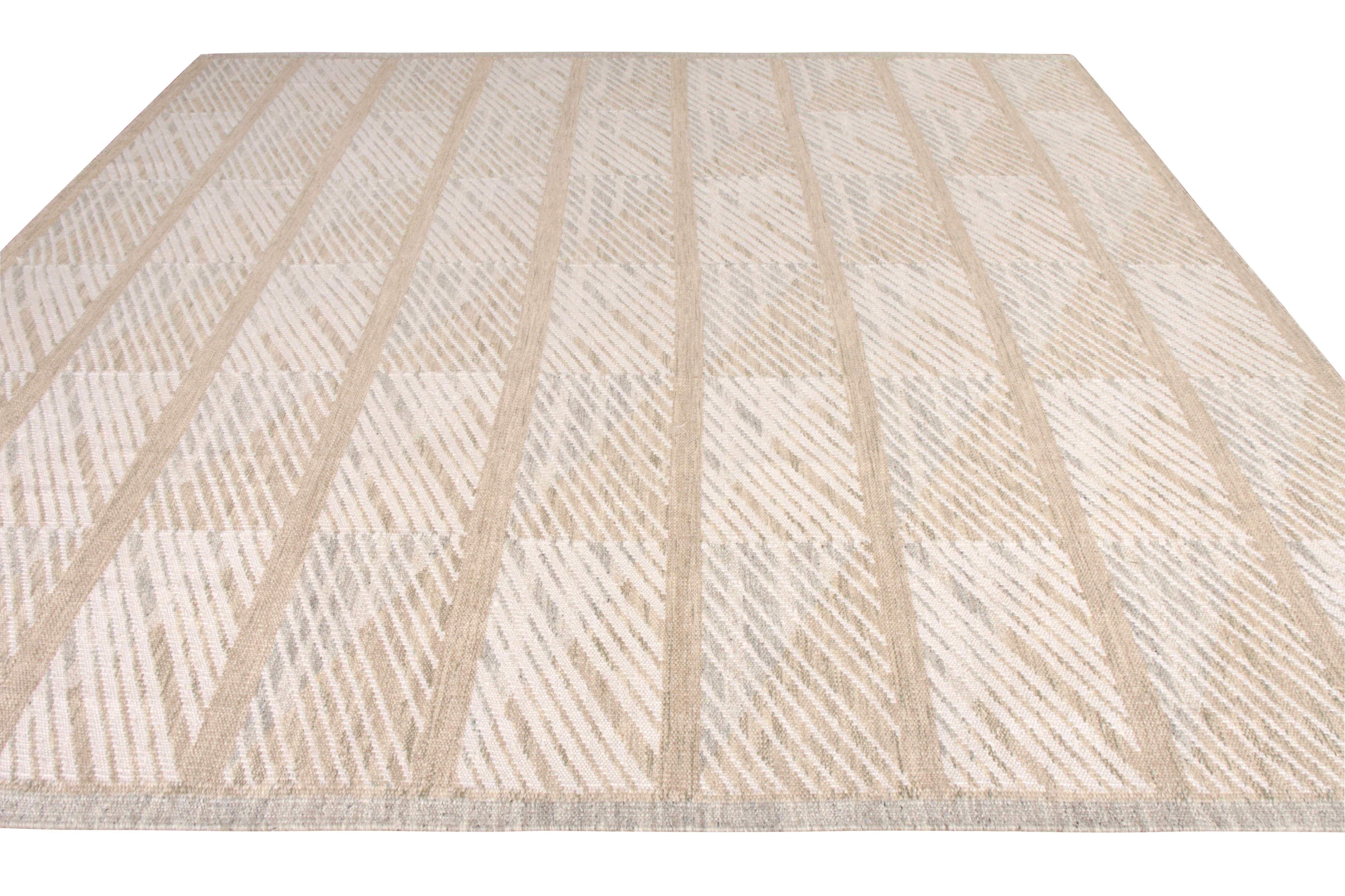 A 12 x 12 square Kilim rug from the acclaimed Scandinavian Collection by Rug & Kilim, in sophisticated beige-brown and white for an elegant take on Swedish sensibilities. Enjoying symmetric geometry in diagonal striation accented by our undyed