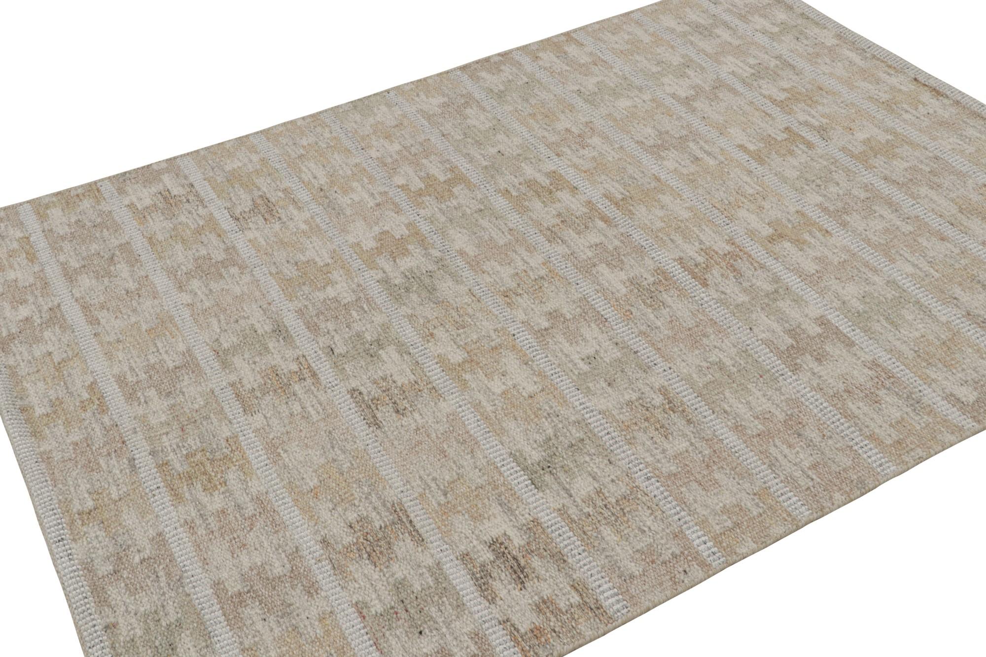 A smart 5x7 Swedish kilim from our award-winning Scandinavian flat weave collection. Handwoven in wool & undyed natural yarns.

On the Design: 

This rug enjoys geometric patterns in beige-brown, gray with other neutral tones. Keen eyes will admire